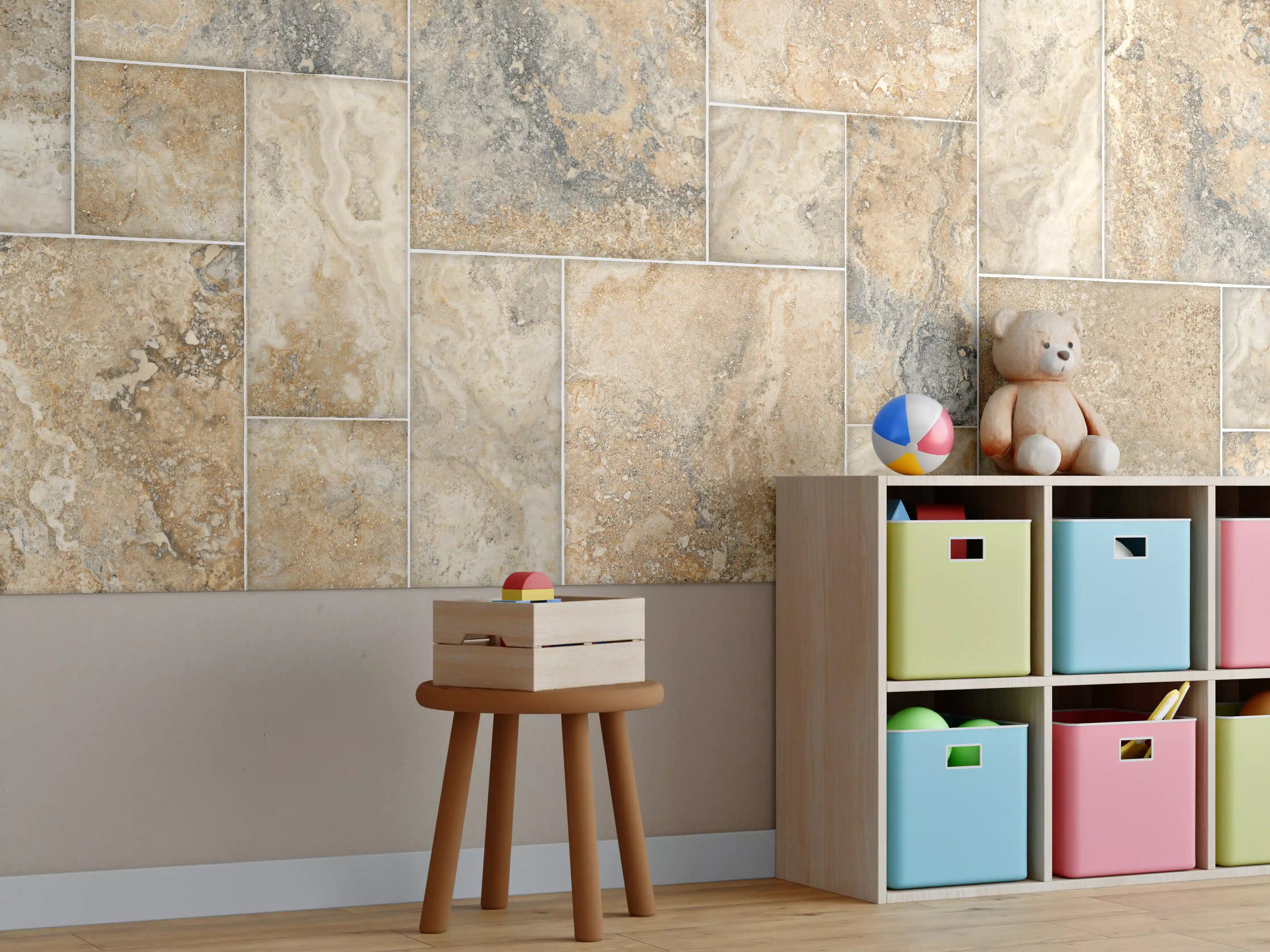 Kinderzimmer Wandgestaltung - Natursteinfliese in warmen Brauntönen