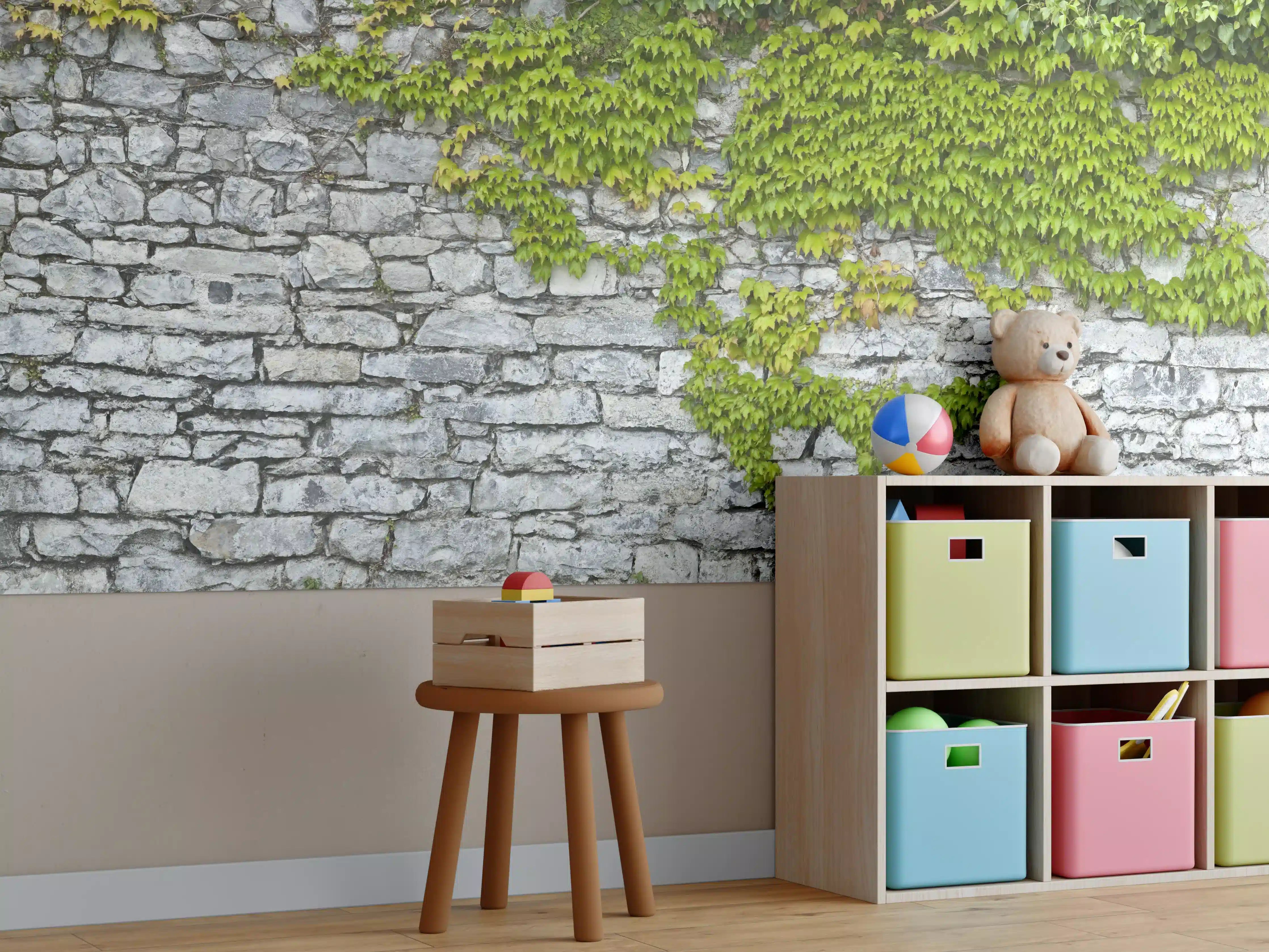 Kinderzimmer Wandgestaltung - Natursteinmauer mit Weinlaub