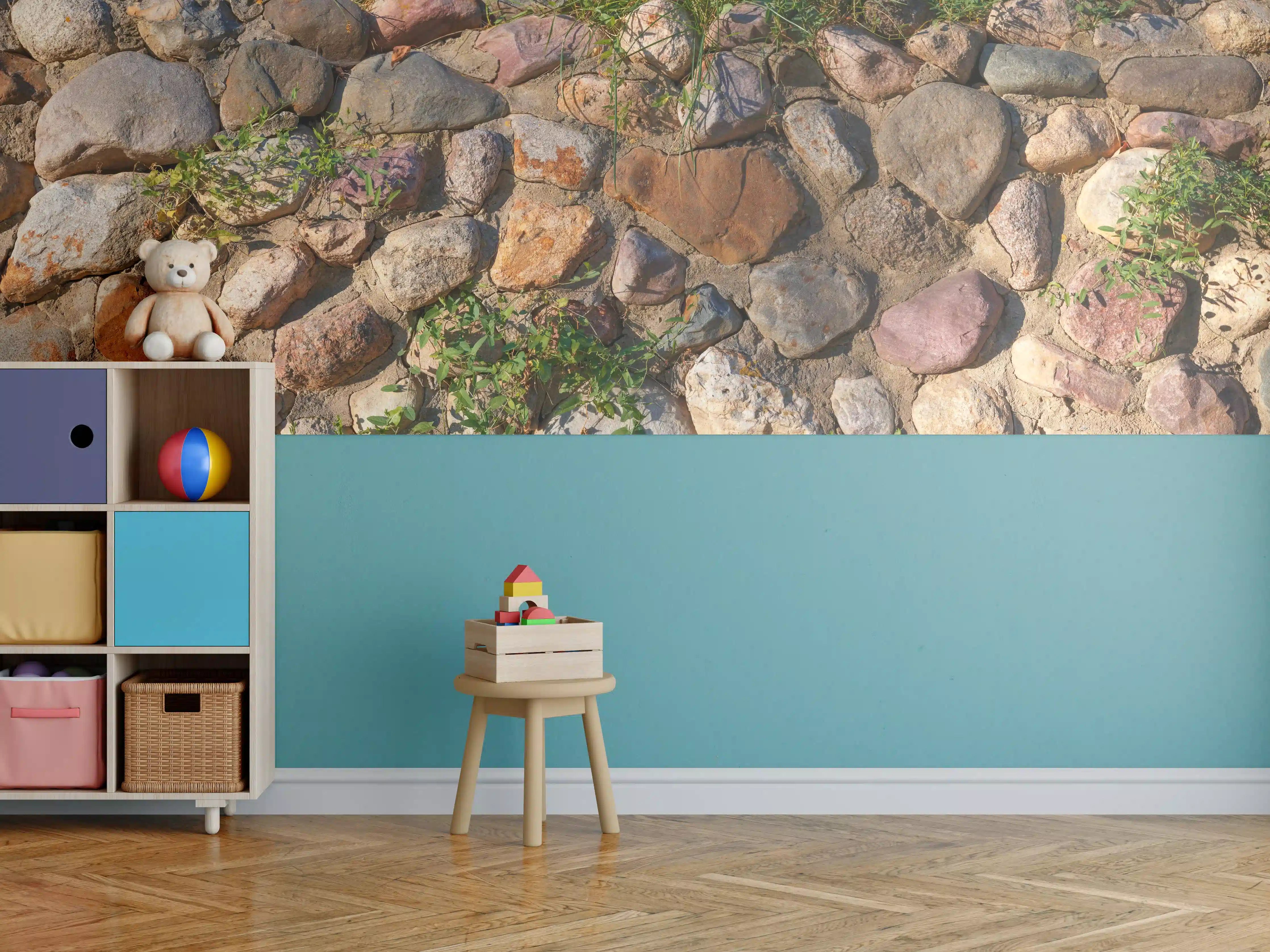 Kinderzimmer Wandgestaltung - Natursteinmauer mit bunten Steinen und Pflanzen