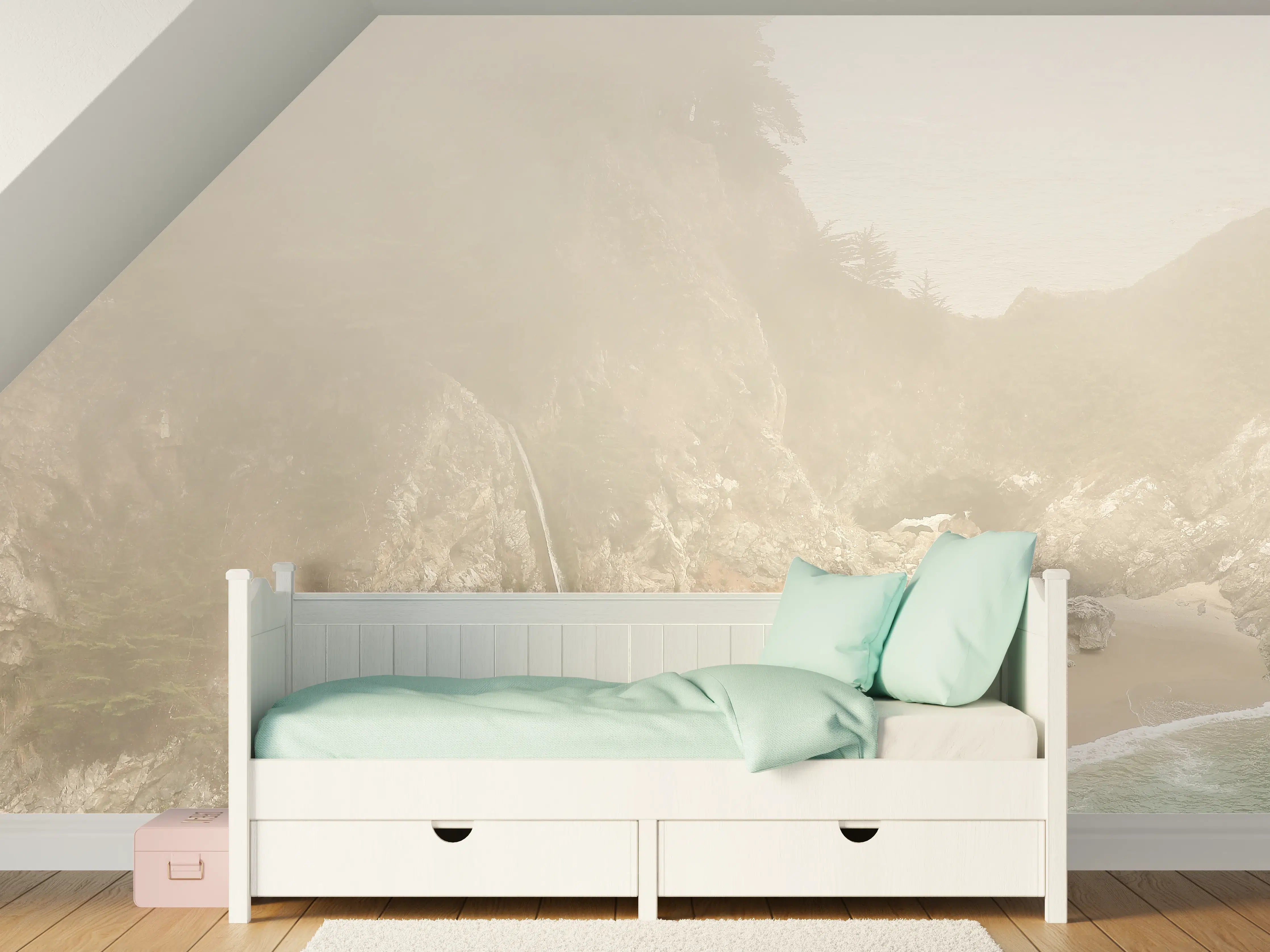 Kinderzimmer Wandgestaltung - Nebelverhangene Küstenlandschaft mit Wasserfall
