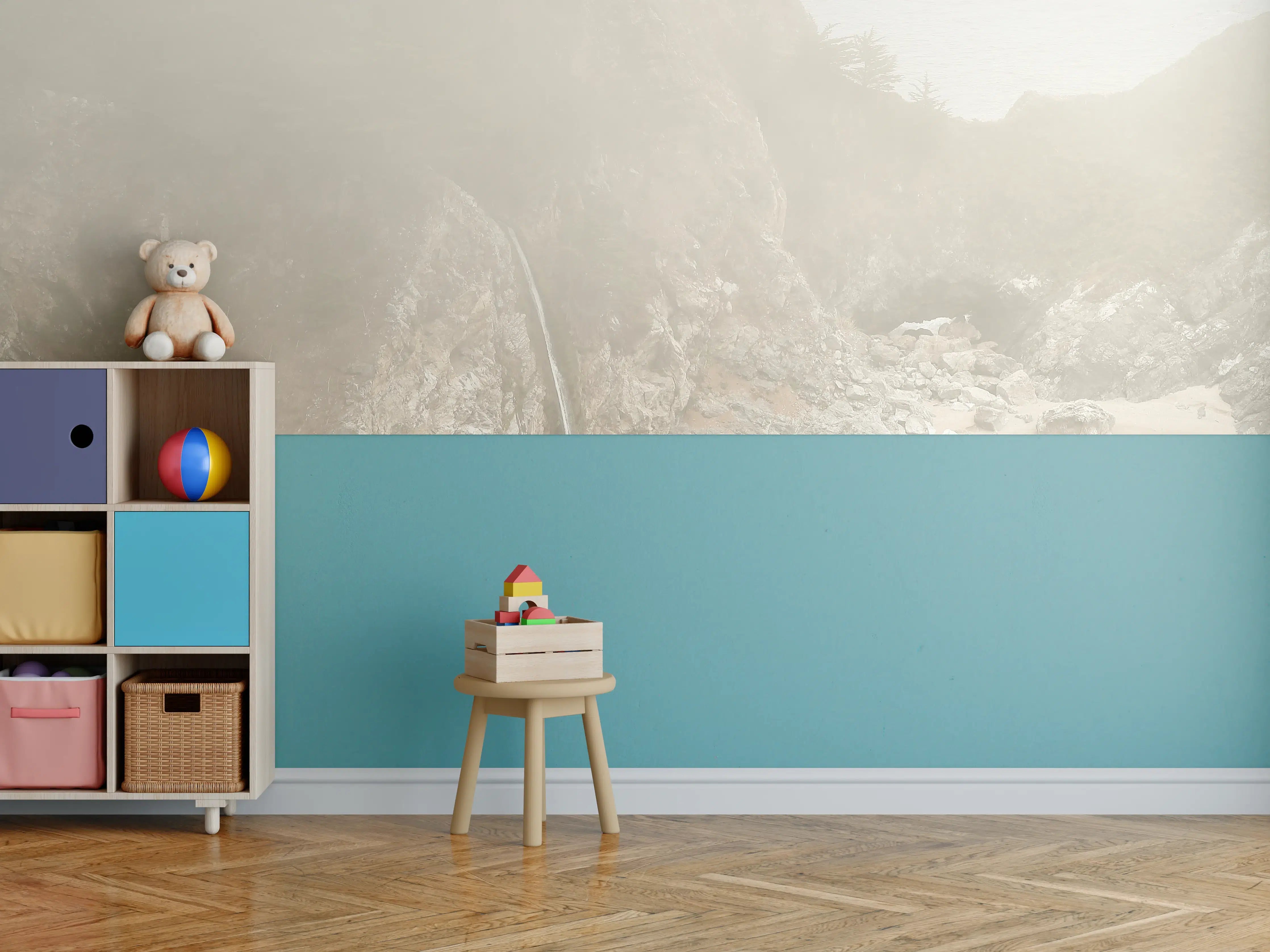 Kinderzimmer Wandgestaltung - Nebelverhangene Küstenlandschaft mit Wasserfall