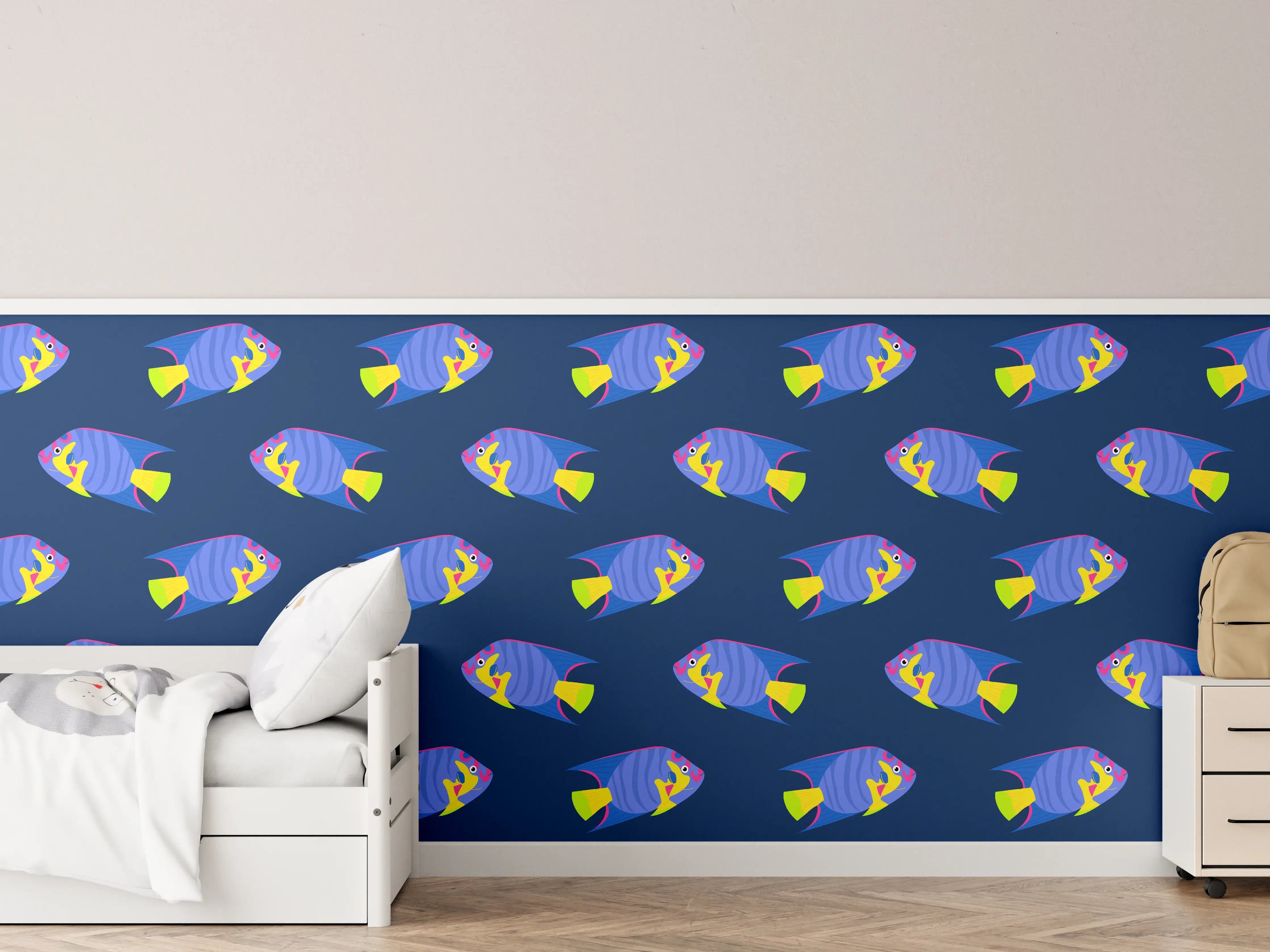 Kinderzimmer Wandgestaltung - Neon-Fische Blau-Gelb Muster