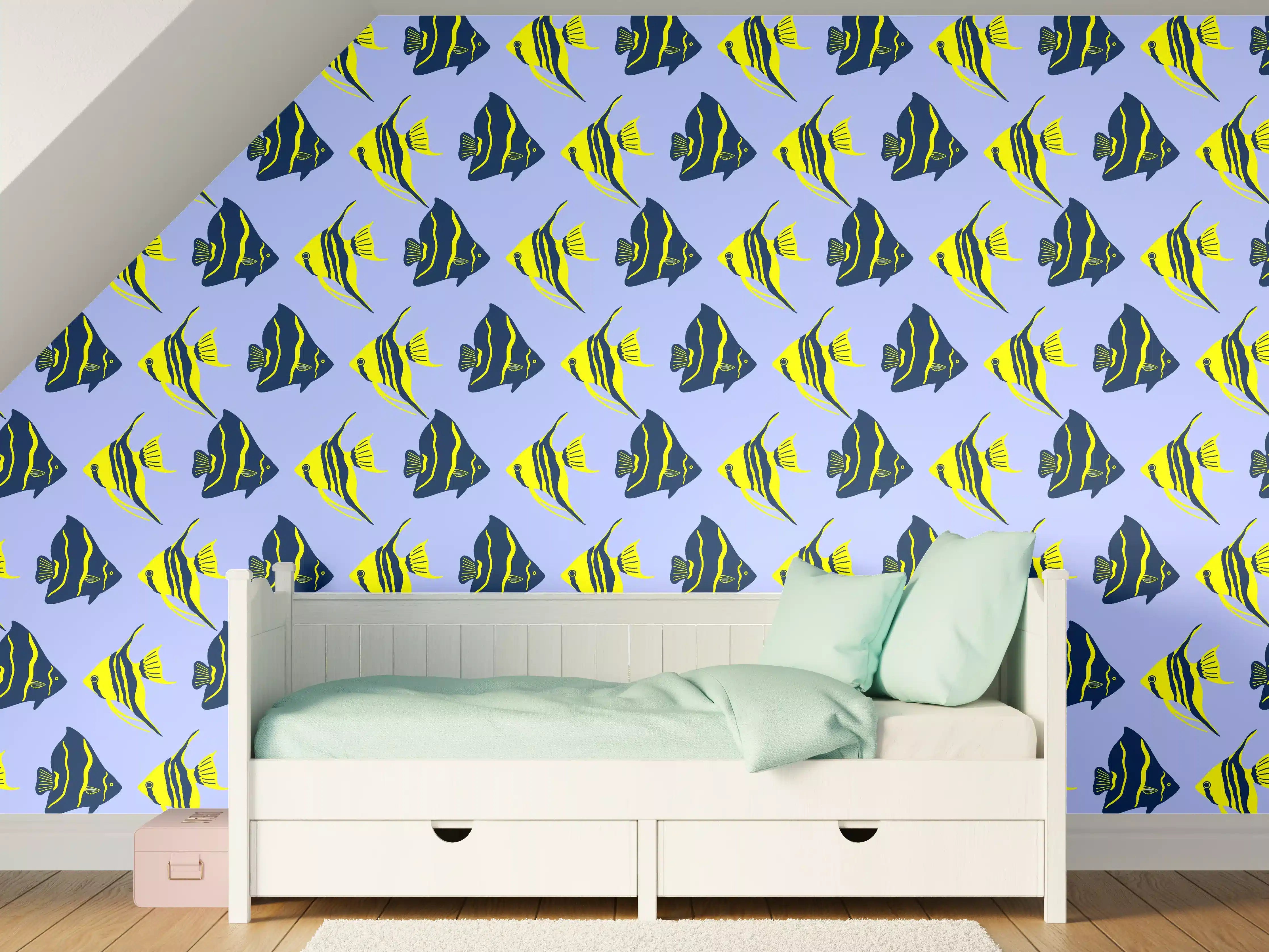 Kinderzimmer Wandgestaltung - Neon-Fischmuster Blau Gelb