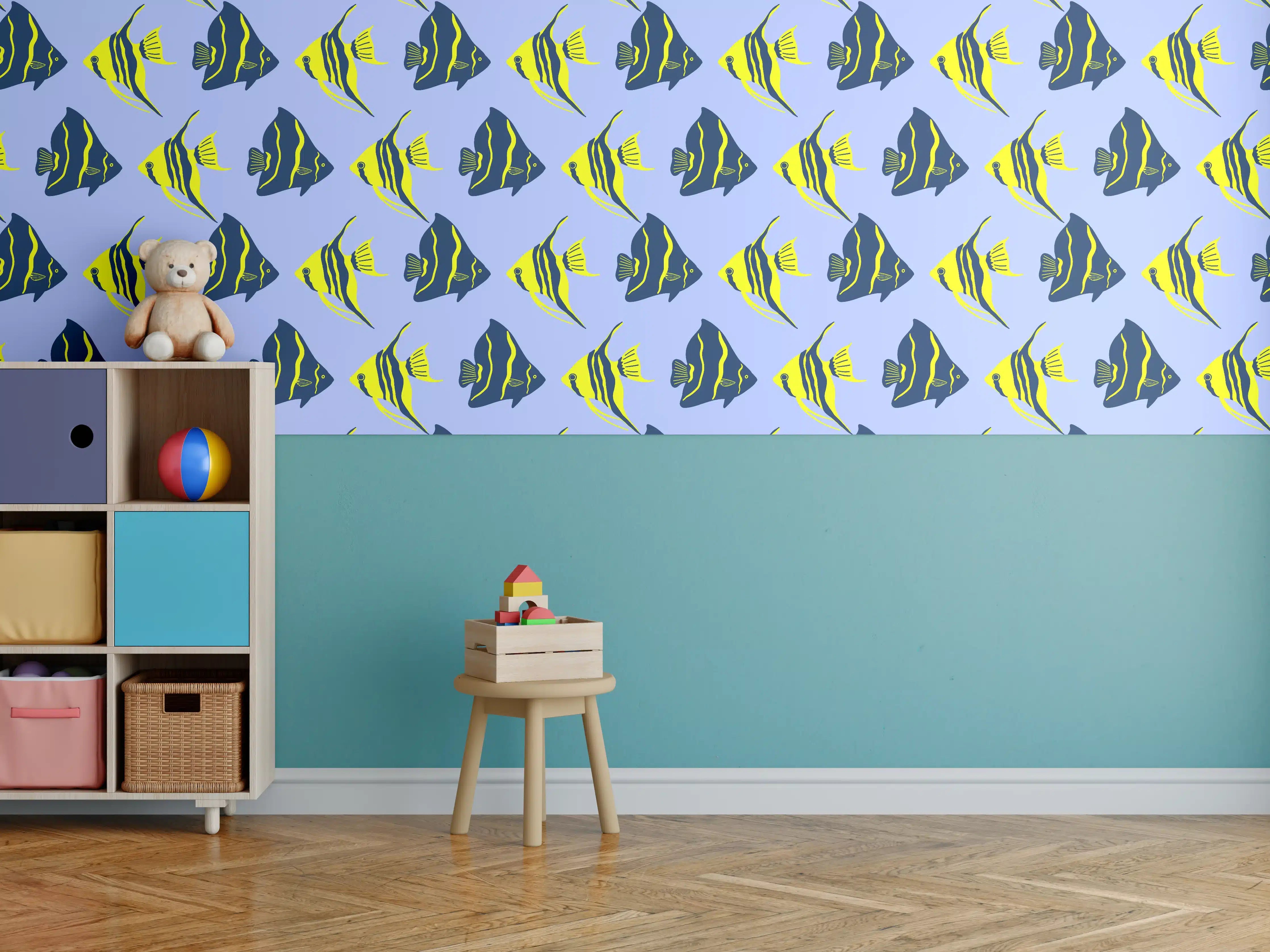 Kinderzimmer Wandgestaltung - Neon-Fischmuster Blau Gelb