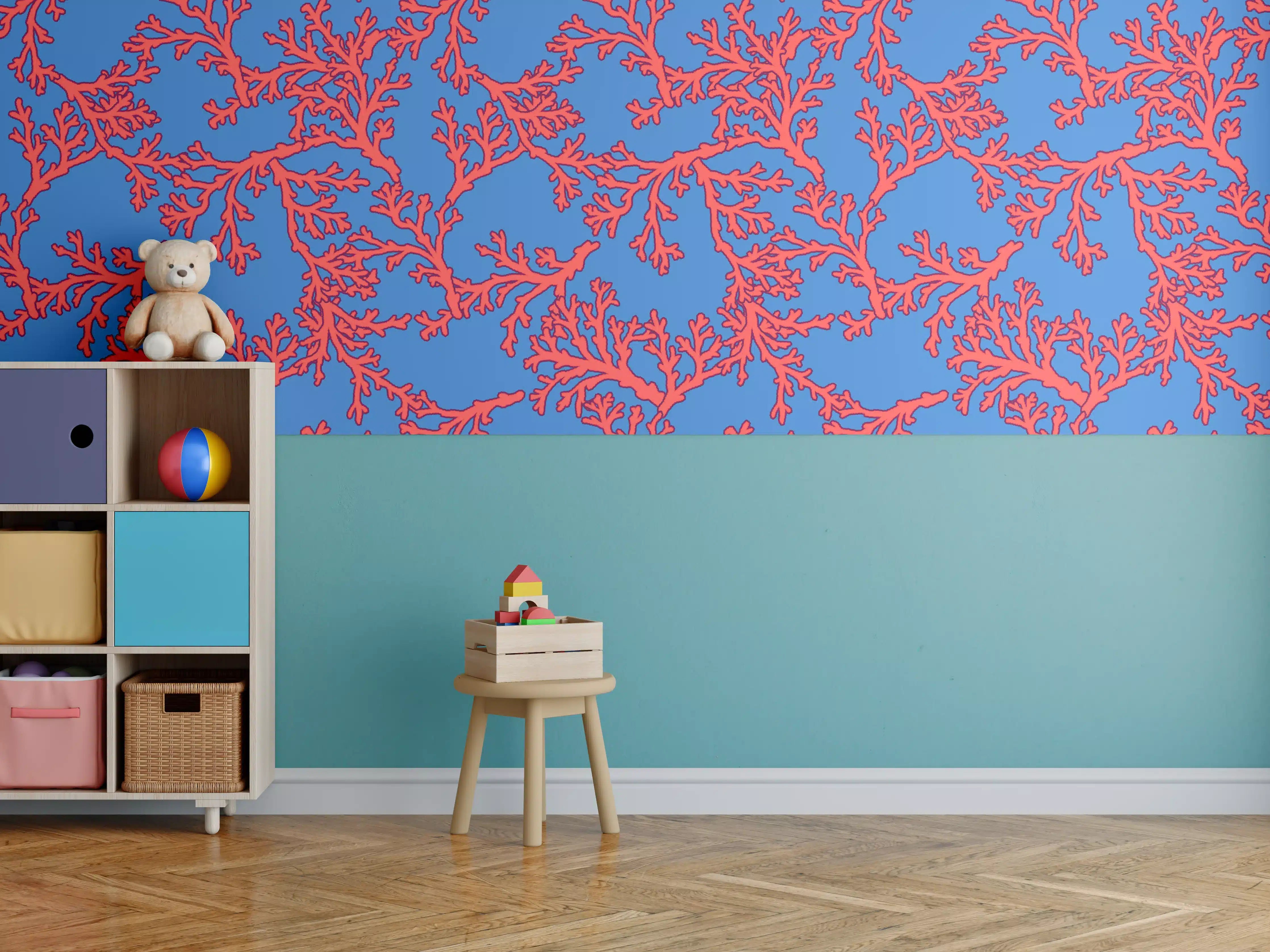 Kinderzimmer Wandgestaltung - Neon-Korallen Blau-Rot