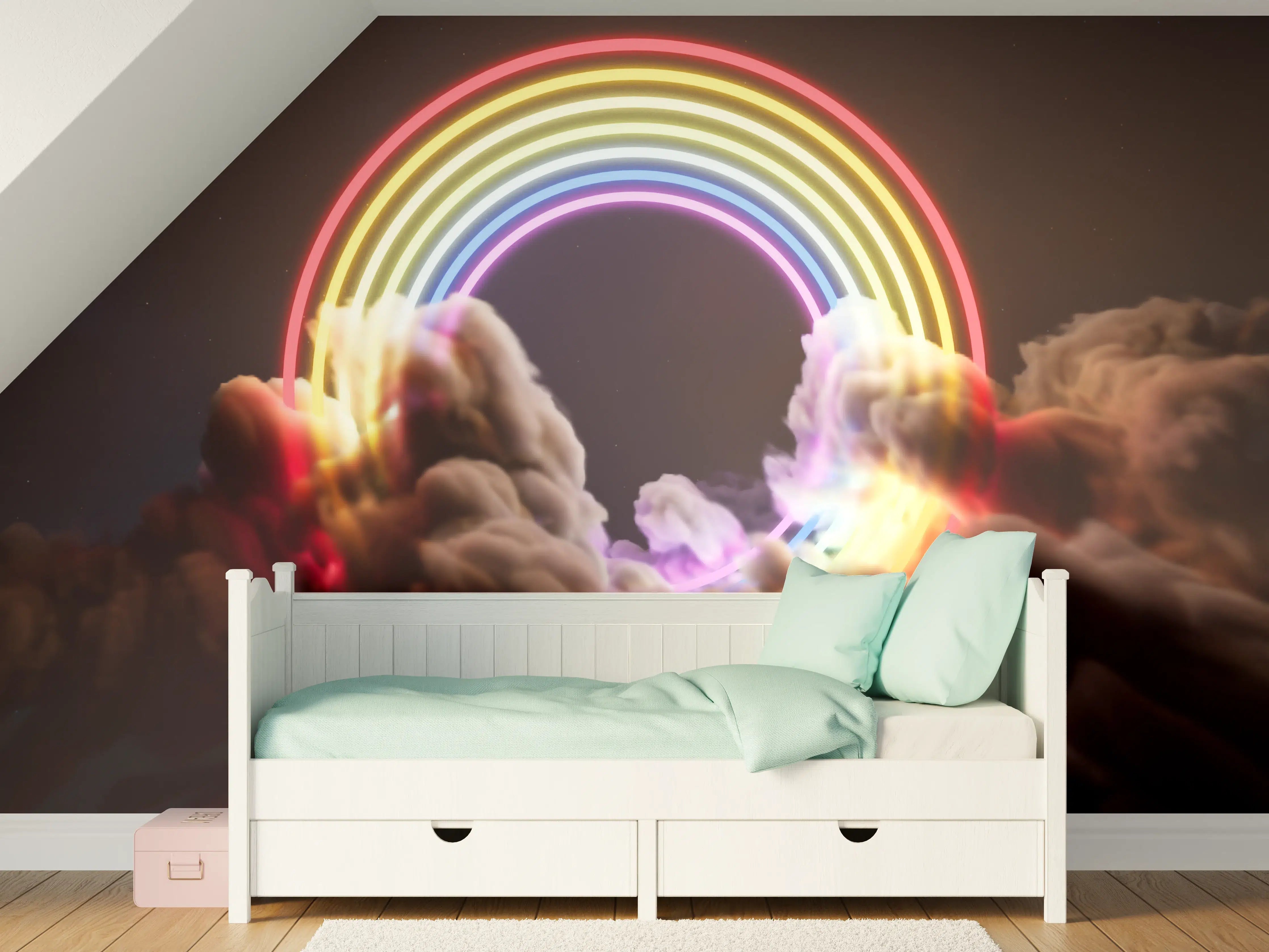 Kinderzimmer Wandgestaltung - Neon-Regenbogen in Wolken