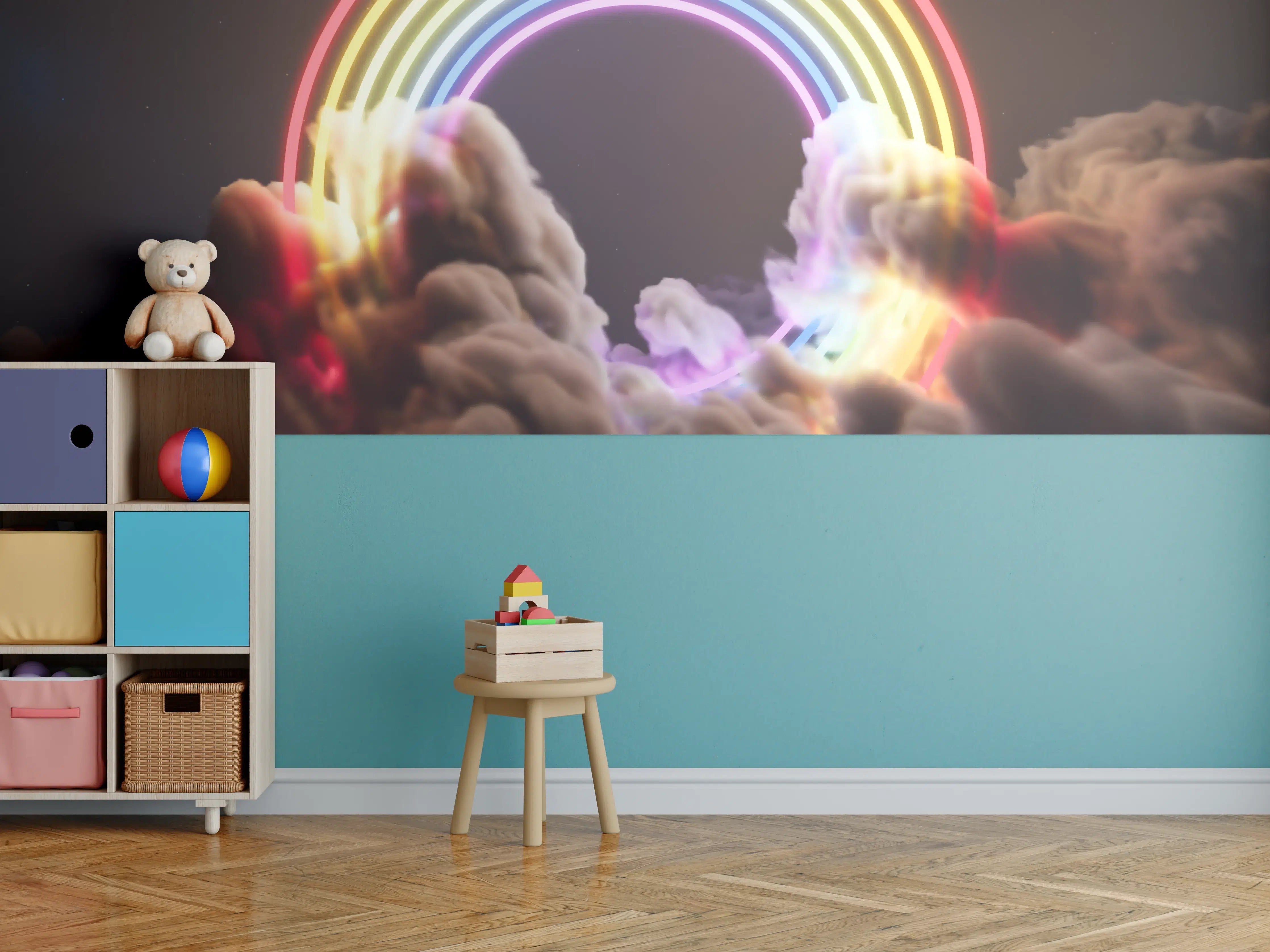 Kinderzimmer Wandgestaltung - Neon-Regenbogen in Wolken