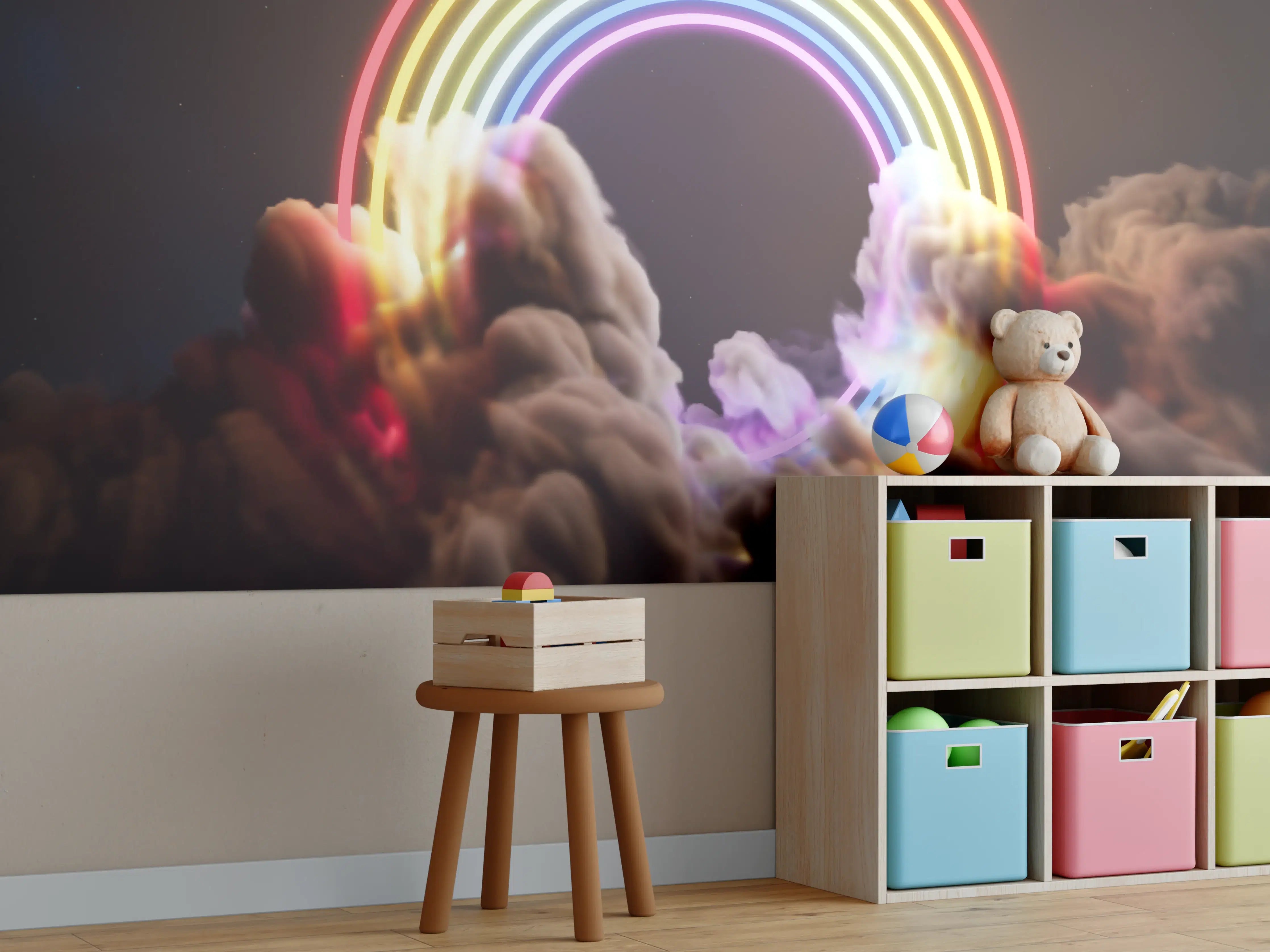 Kinderzimmer Wandgestaltung - Neon-Regenbogen in Wolken