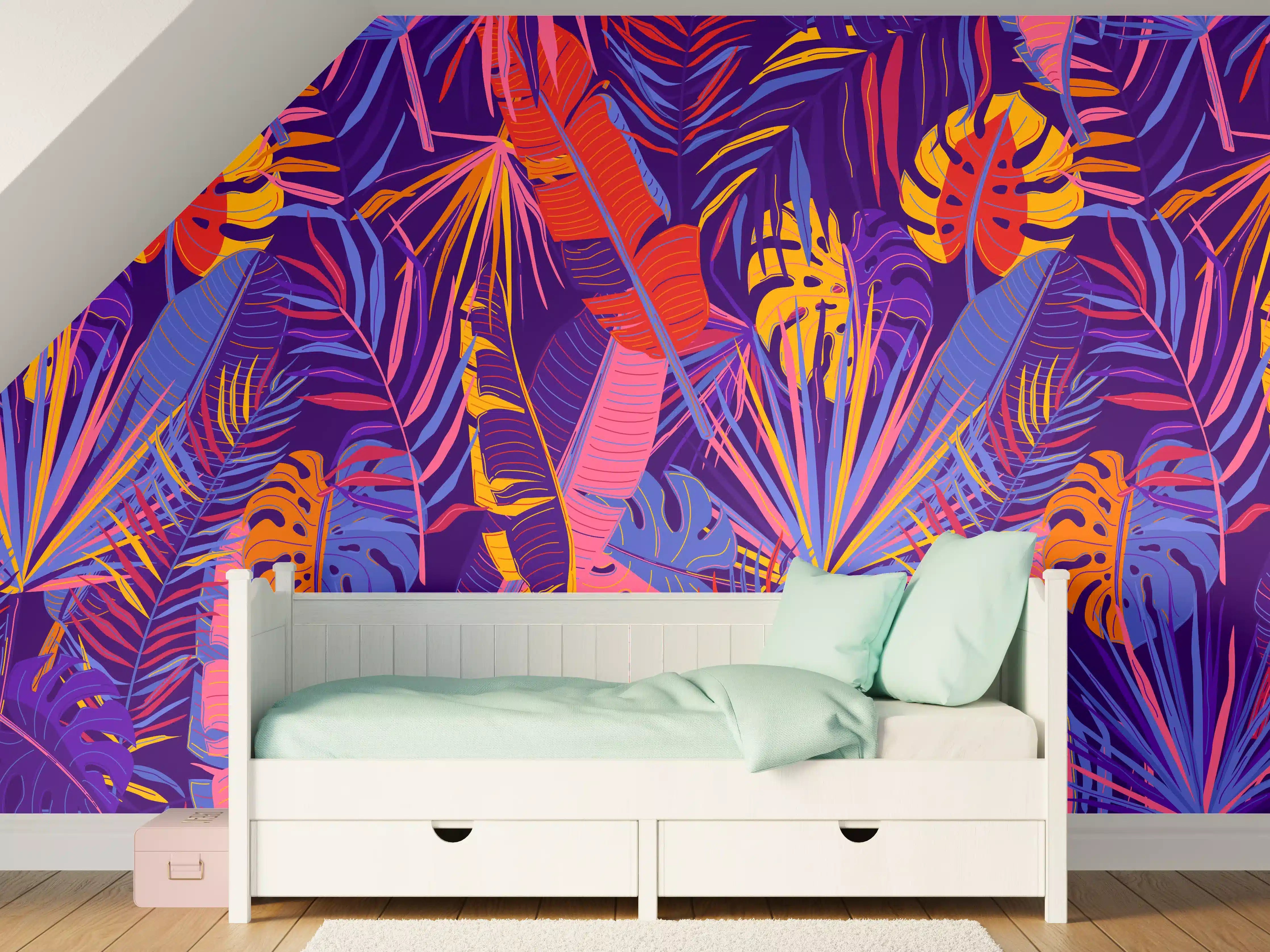 Kinderzimmer Wandgestaltung - Neon Tropenblätter Muster