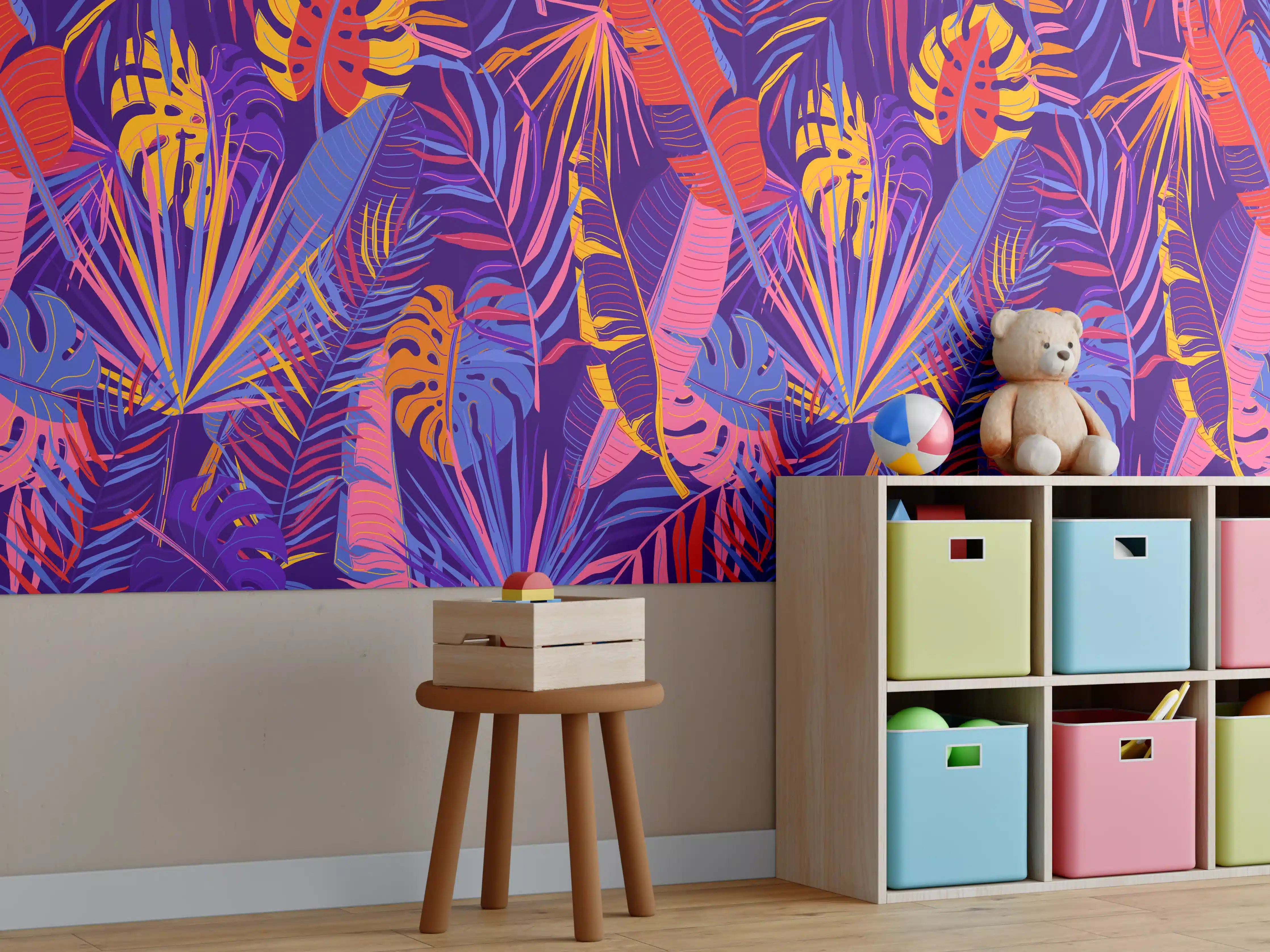 Kinderzimmer Wandgestaltung - Neon Tropenblätter Muster