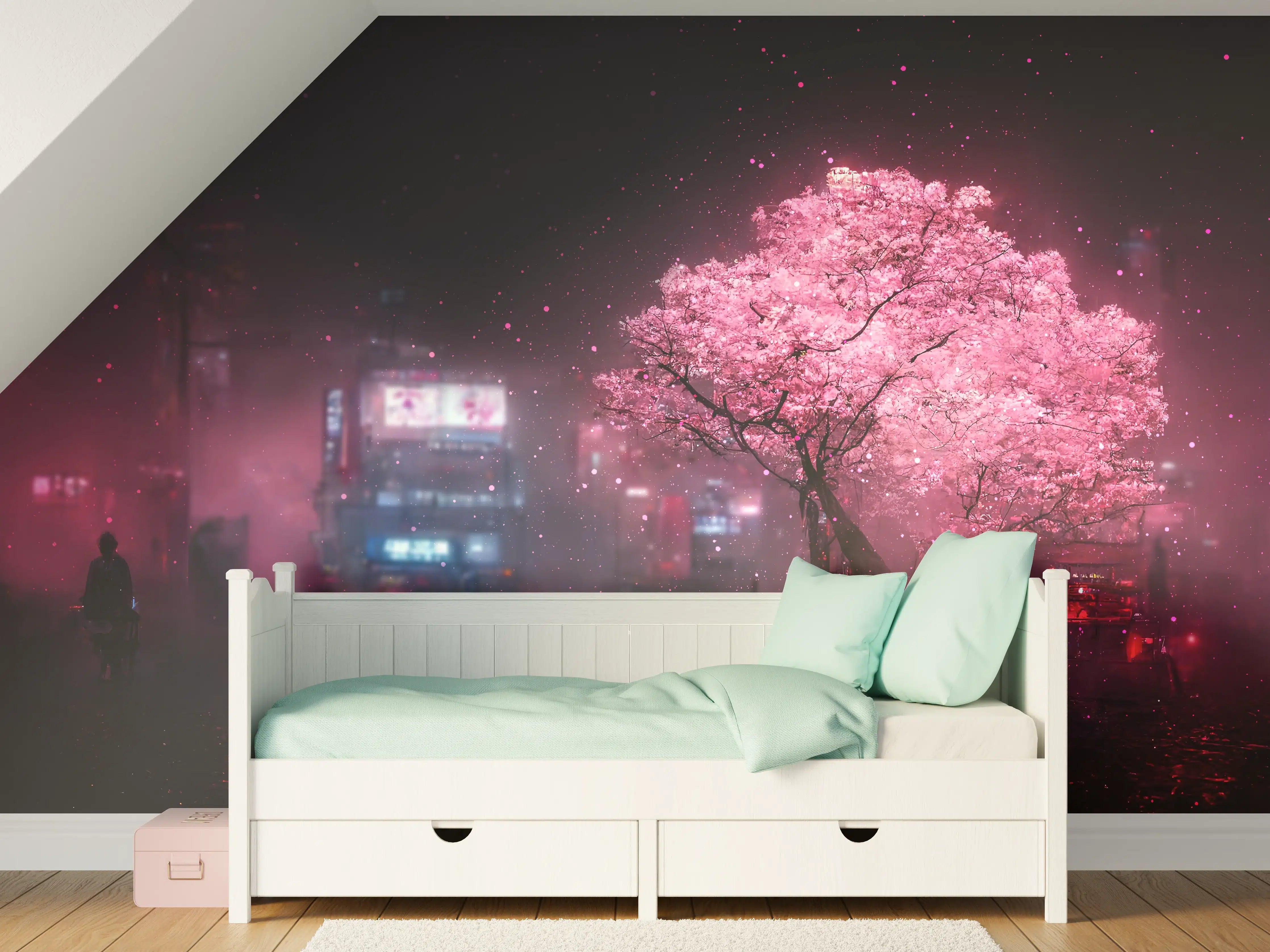 Kinderzimmer Wandgestaltung - Neonlichter und blühender Baum bei Nacht