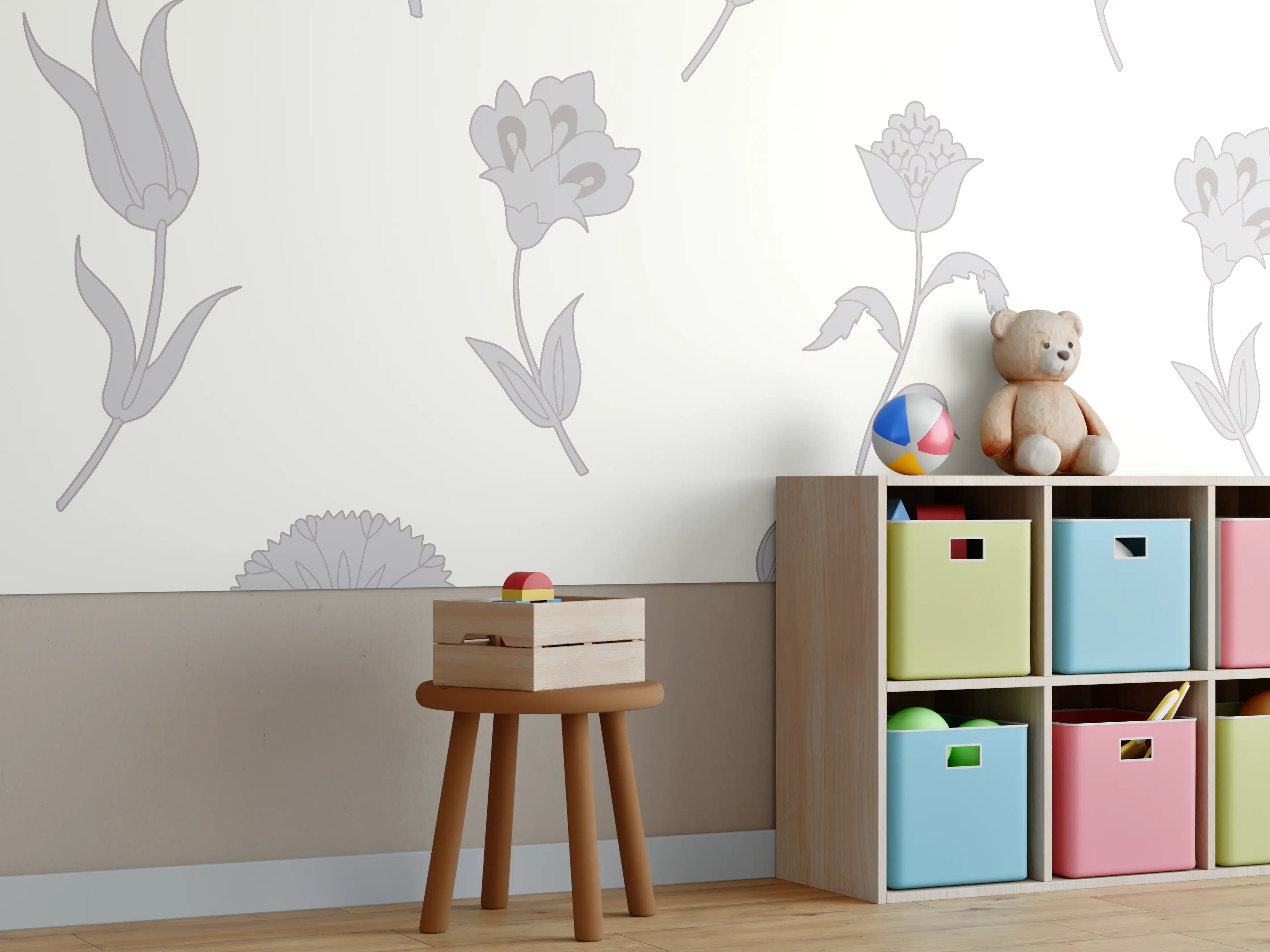 Kinderzimmer Wandgestaltung - Neutral-Weißes Blumenmuster