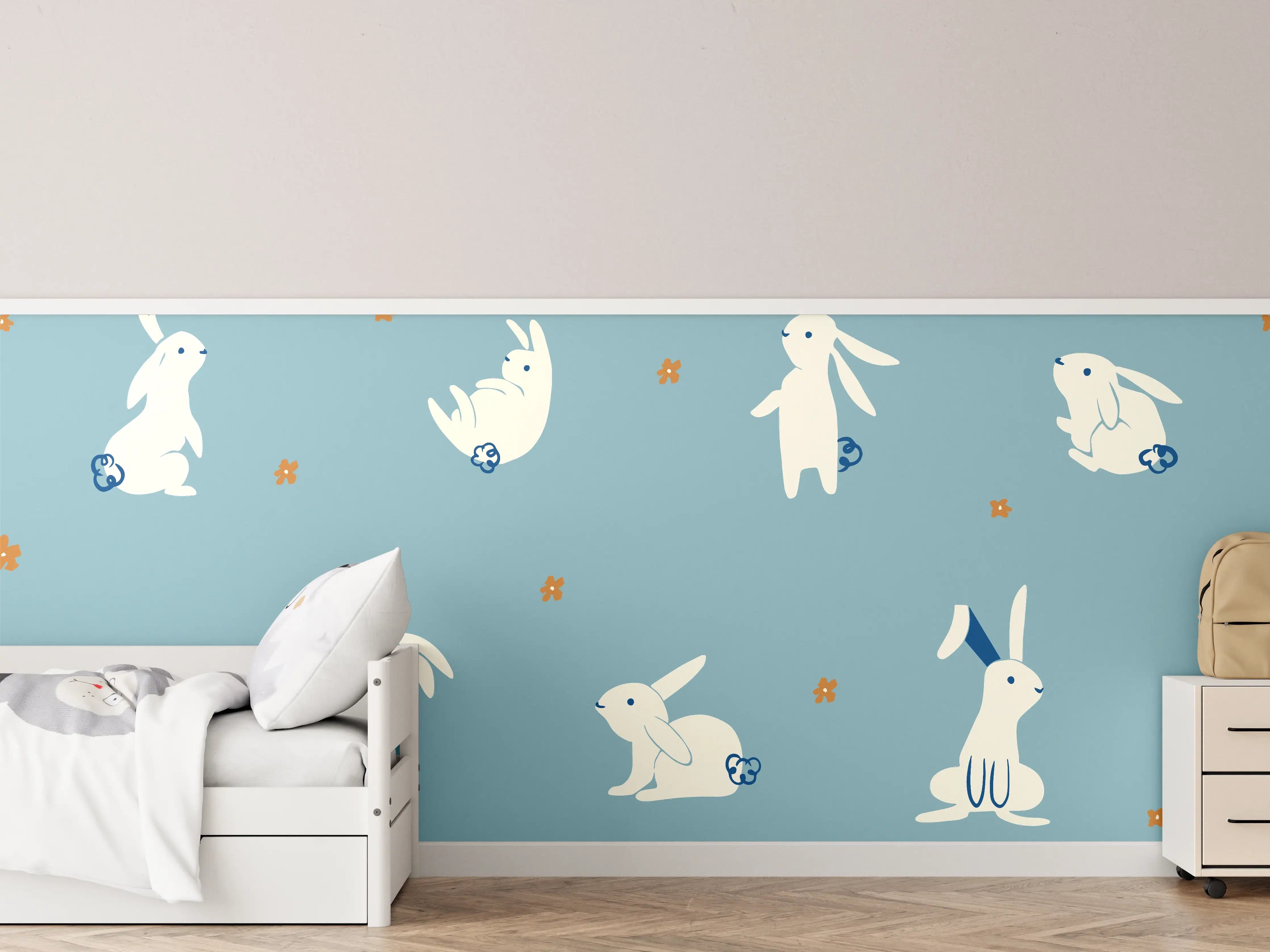 Kinderzimmer Wandgestaltung - Niedliche Hasen auf Blauem Hintergrund