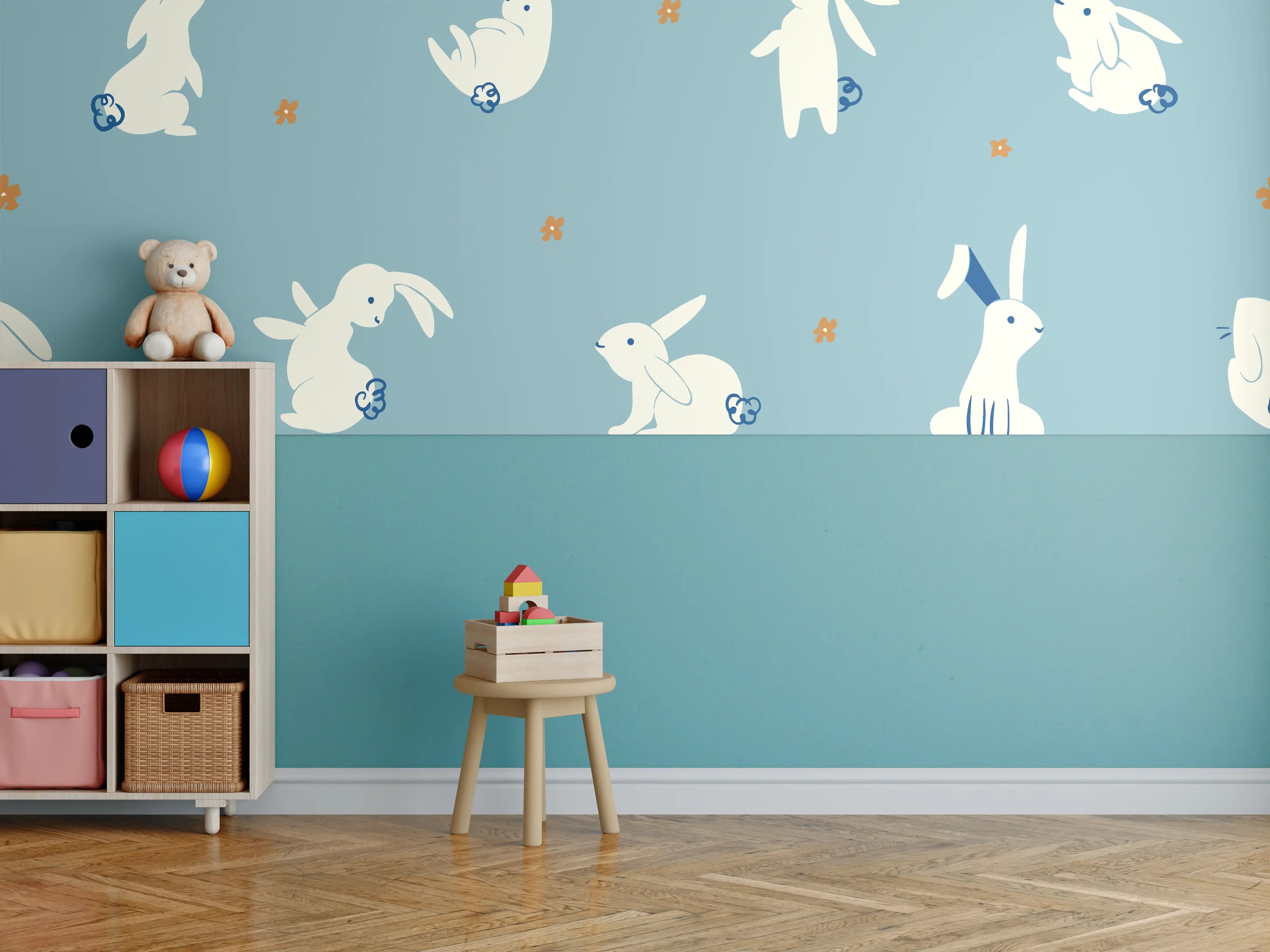 Kinderzimmer Wandgestaltung - Niedliche Hasen auf Blauem Hintergrund