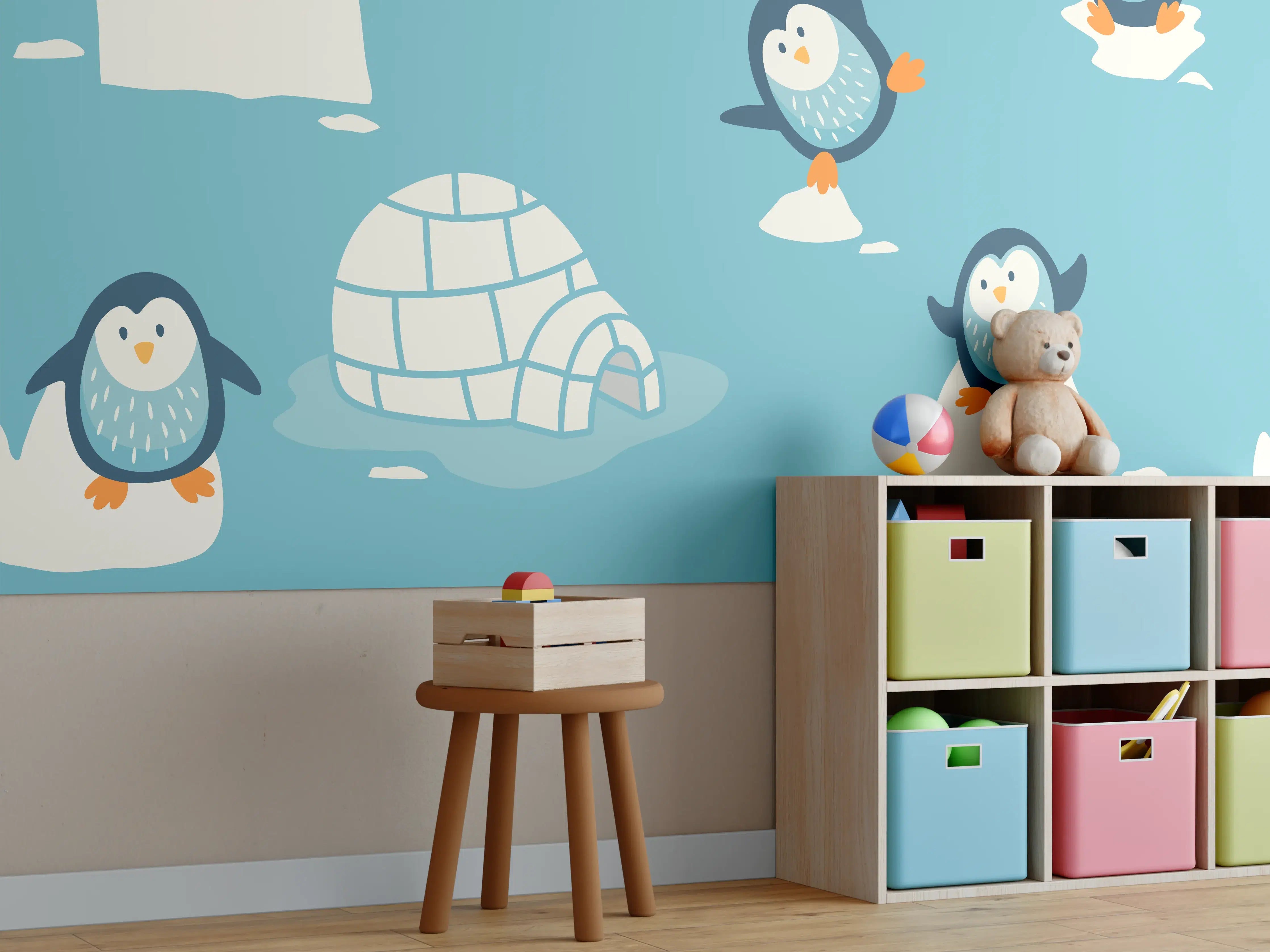 Kinderzimmer Wandgestaltung - Niedliche Pinguin-Muster Blau