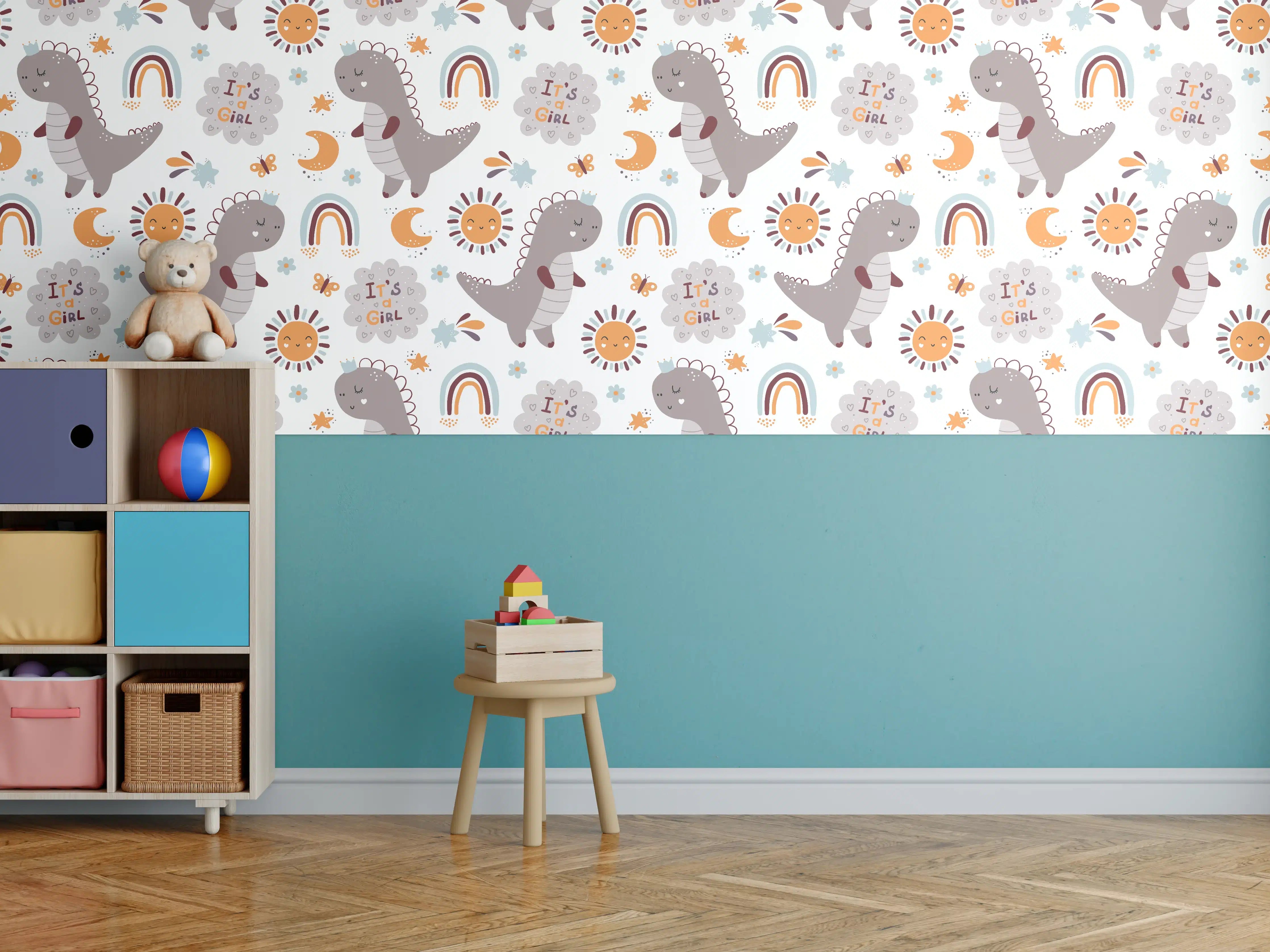 Kinderzimmer Wandgestaltung - Niedliches Dinosaurier-Motiv mit Regenbögen