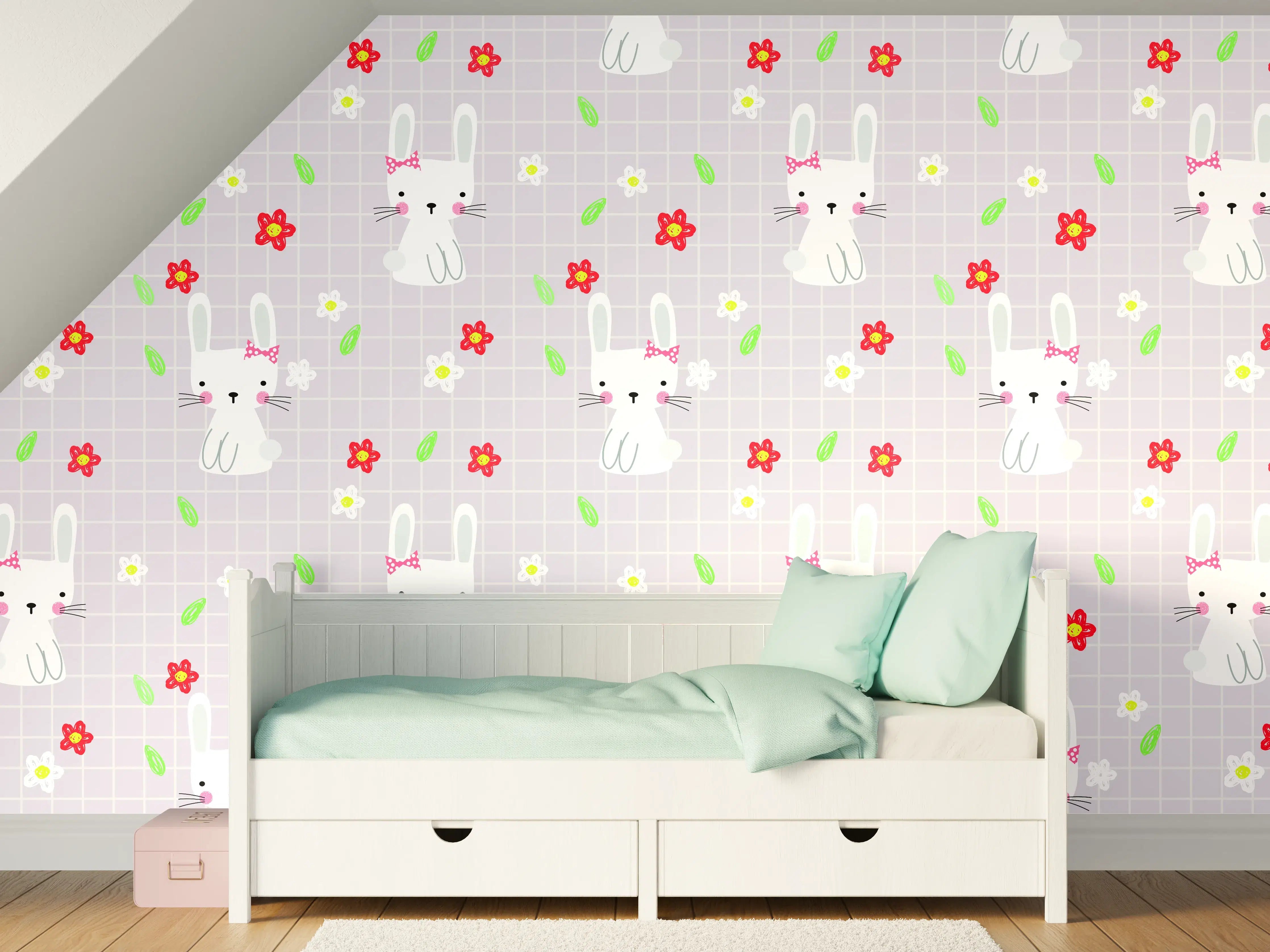 Kinderzimmer Wandgestaltung - Niedliches Häschen-Motiv mit Blumen und Blättern