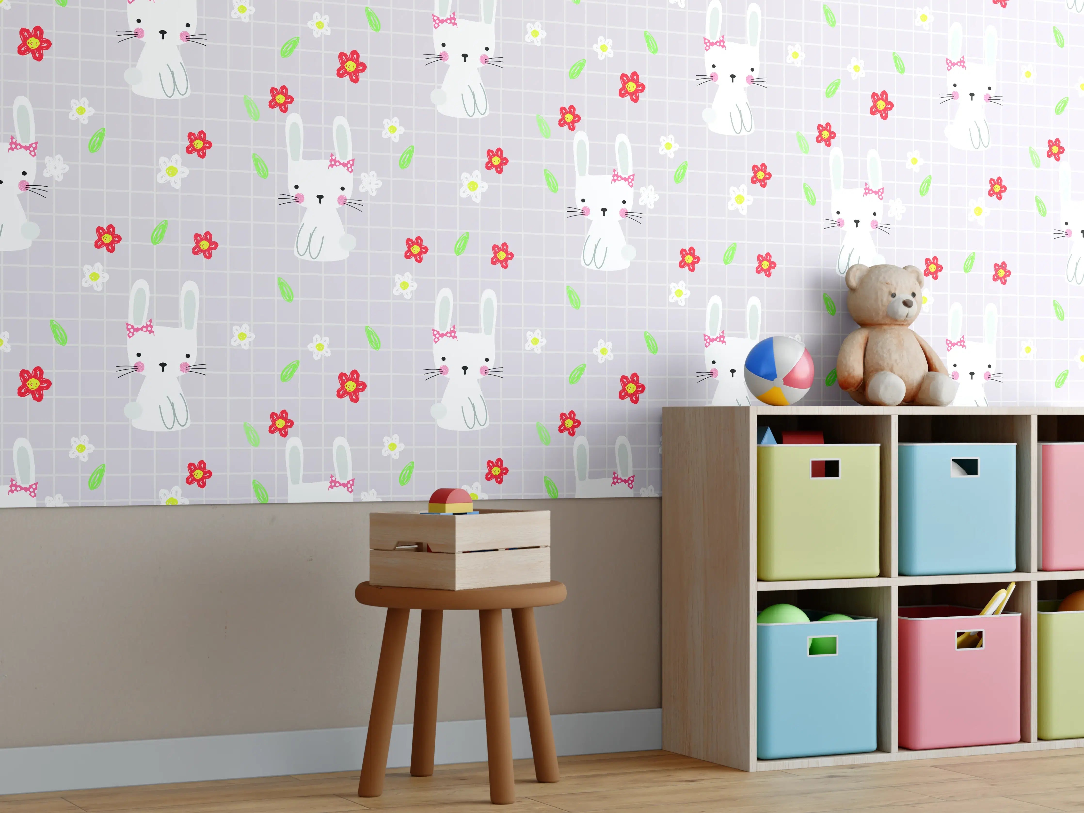 Kinderzimmer Wandgestaltung - Niedliches Häschen-Motiv mit Blumen und Blättern