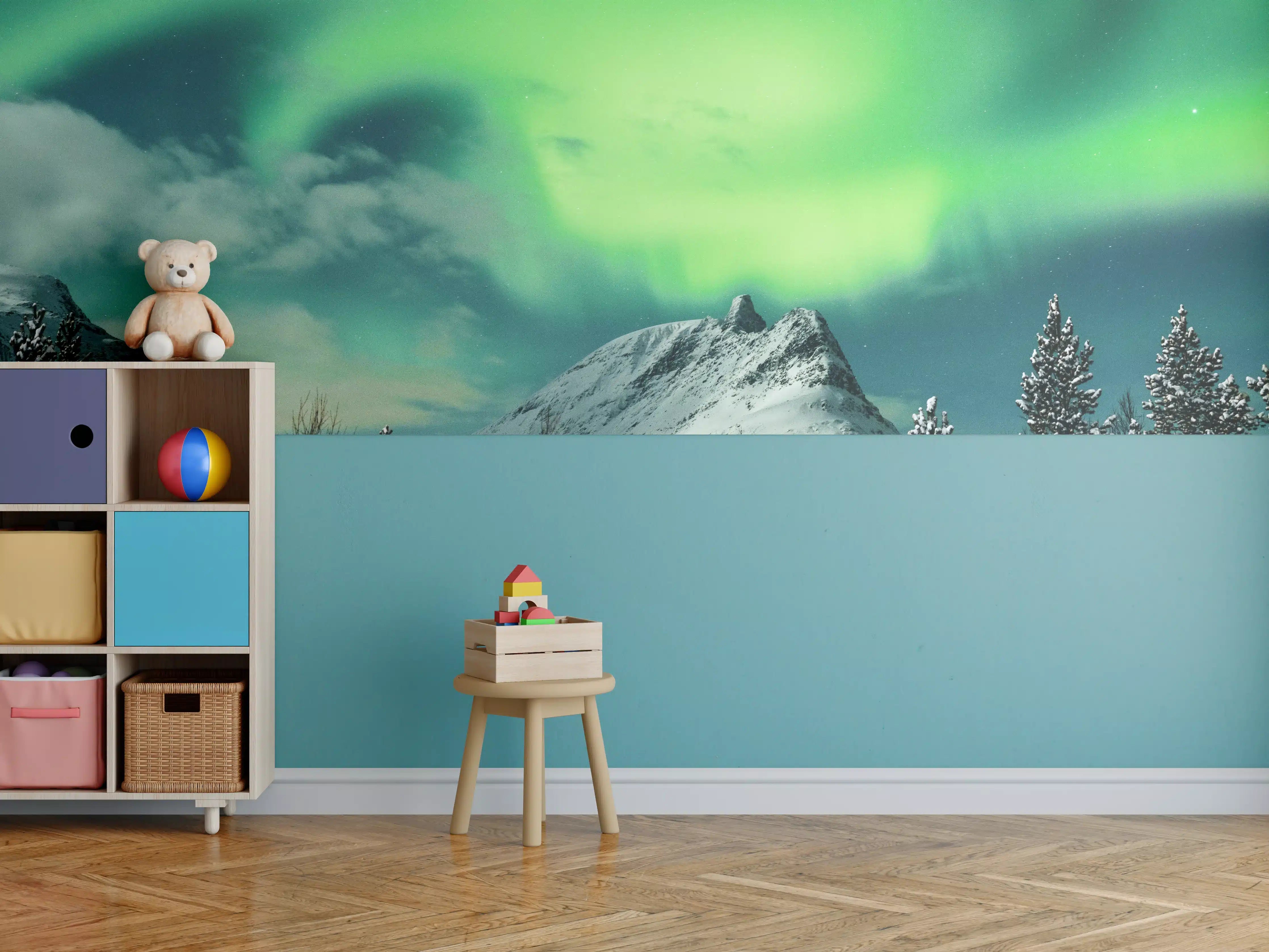 Kinderzimmer Wandgestaltung - Nordlichter über schneebedeigtem Berg