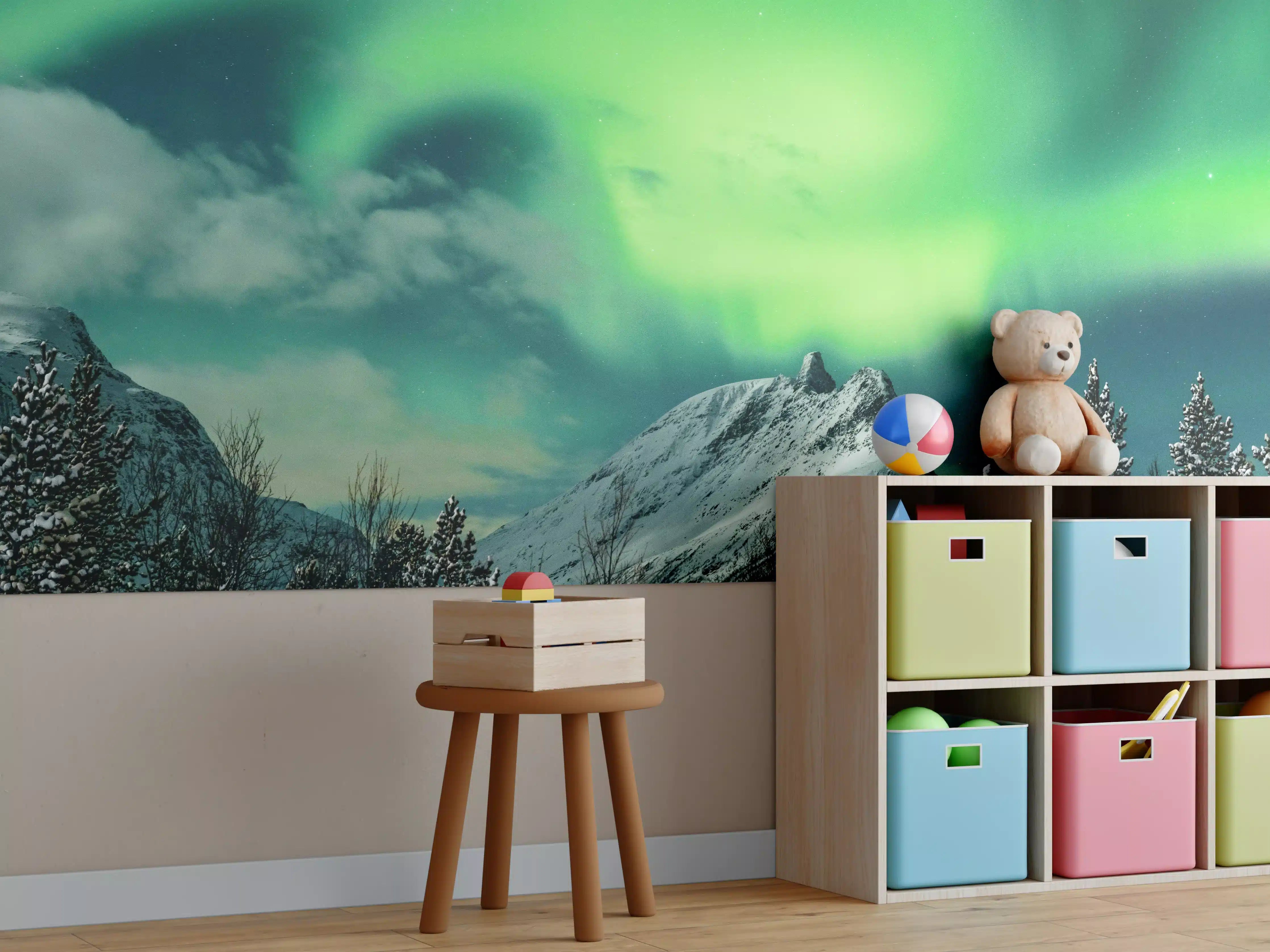 Kinderzimmer Wandgestaltung - Nordlichter über schneebedeigtem Berg