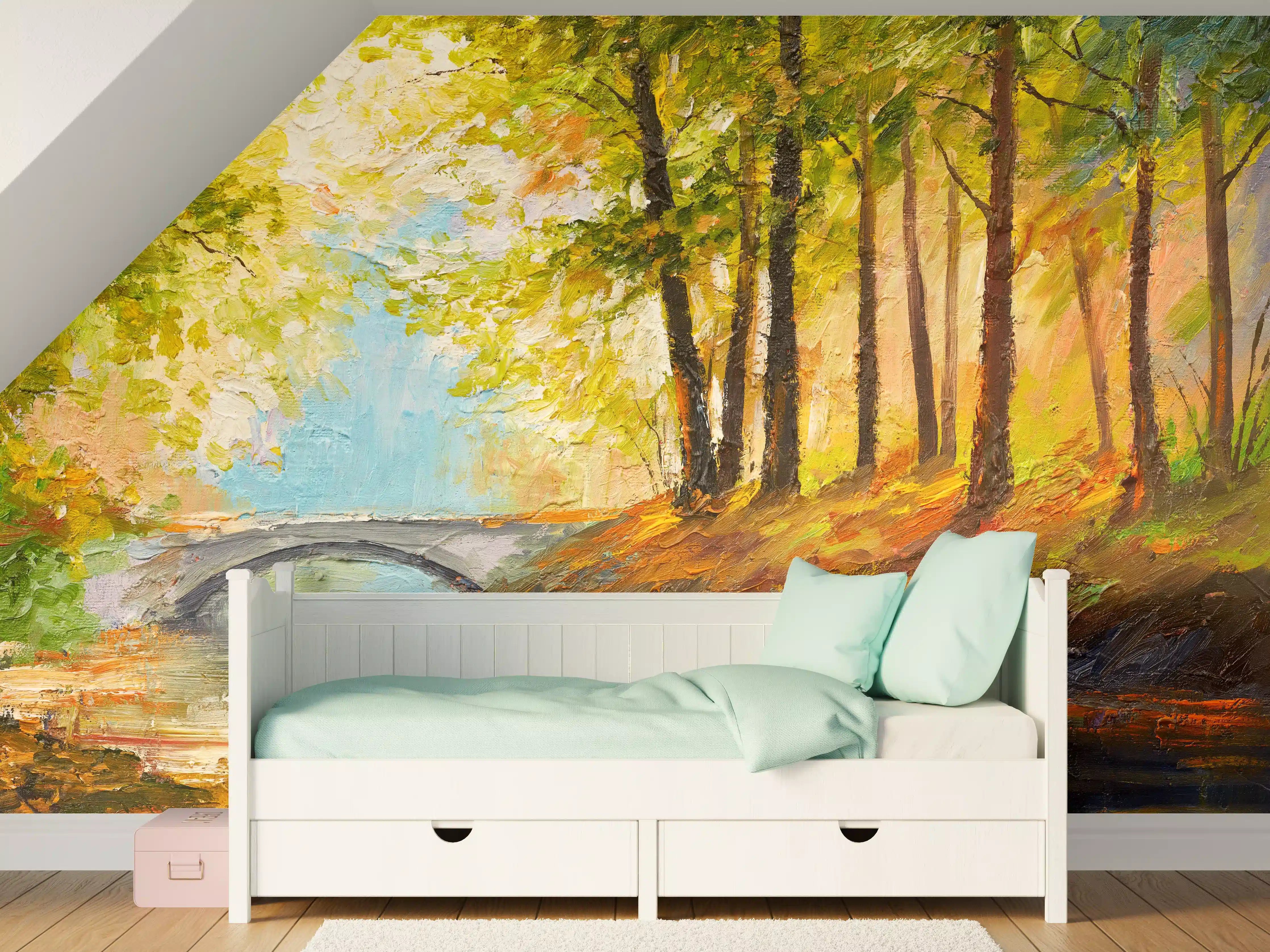 Kinderzimmer Wandgestaltung - Ölgemälde Herbst Wald mit Fluss