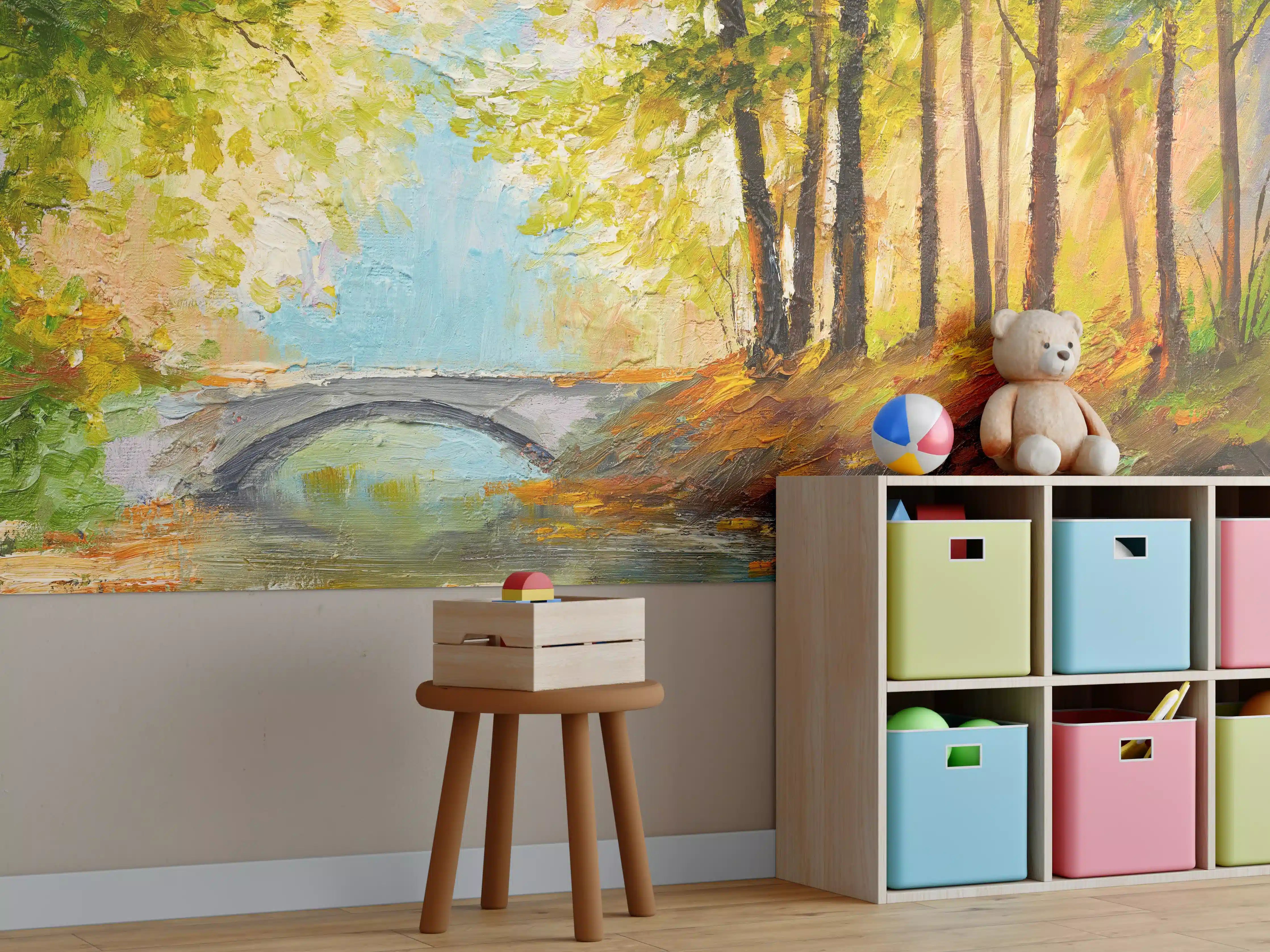 Kinderzimmer Wandgestaltung - Ölgemälde Herbst Wald mit Fluss