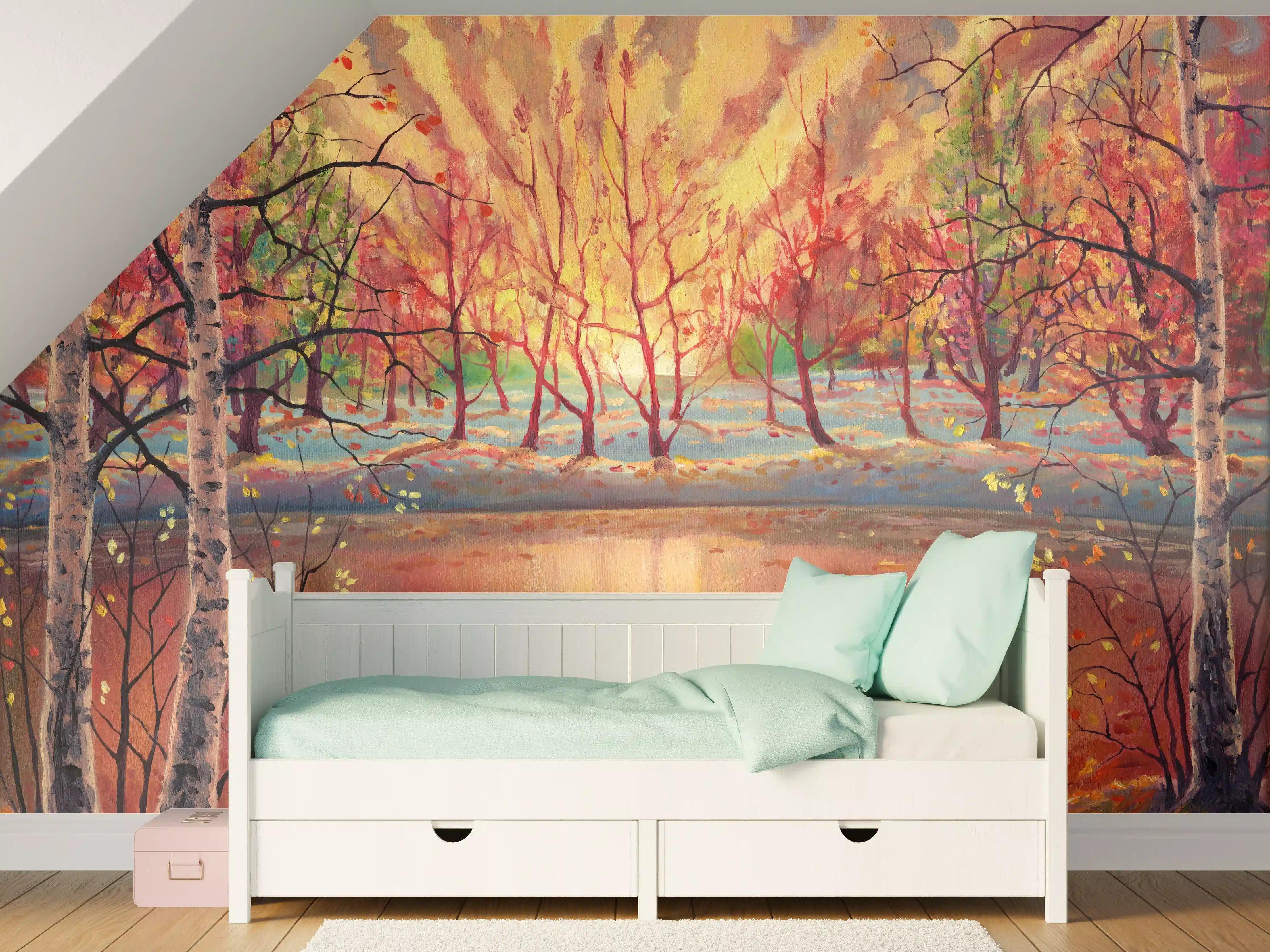 Kinderzimmer Wandgestaltung - Ölgemälde Sonnenuntergang Herbstlandschaft