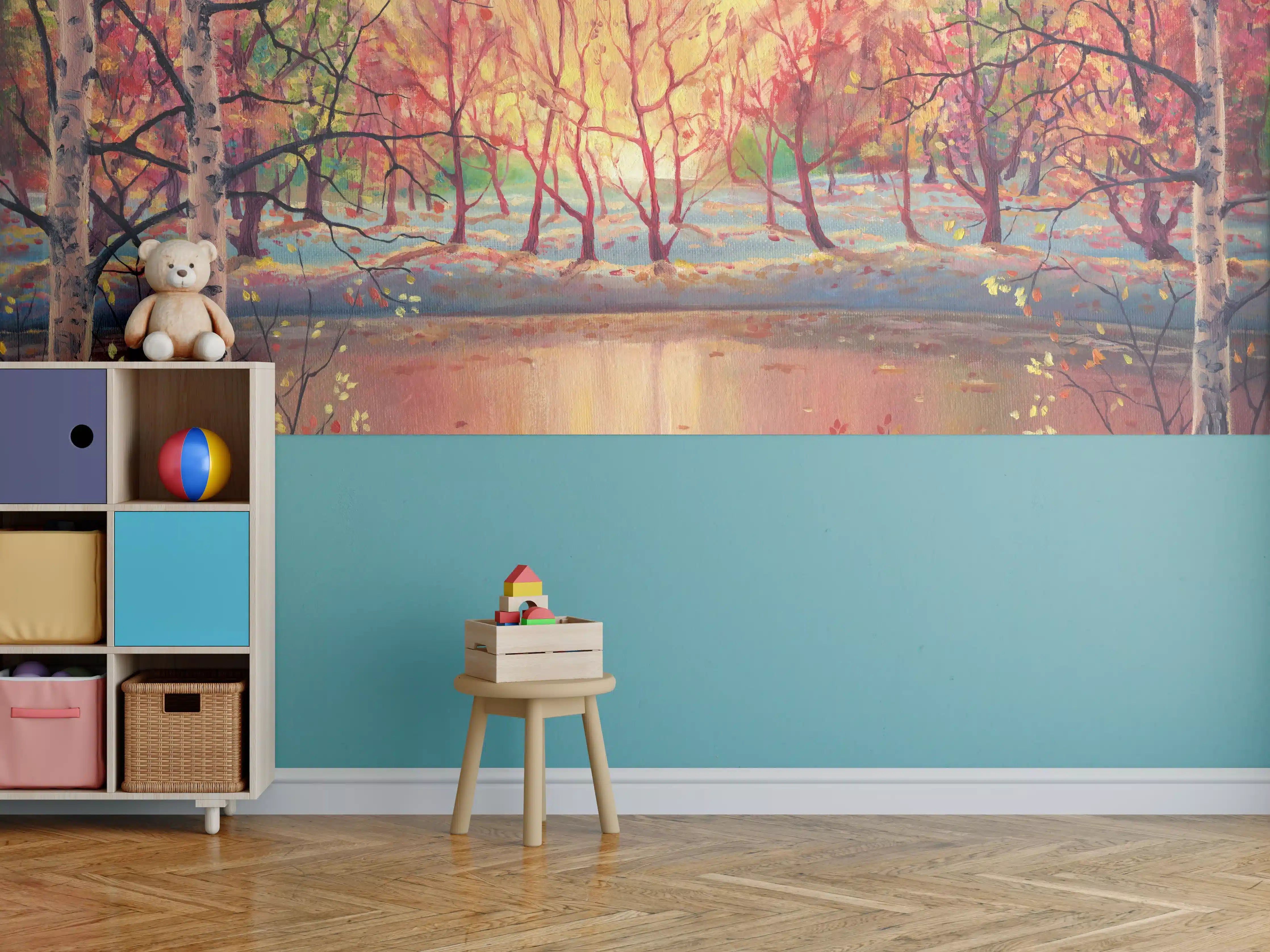 Kinderzimmer Wandgestaltung - Ölgemälde Sonnenuntergang Herbstlandschaft