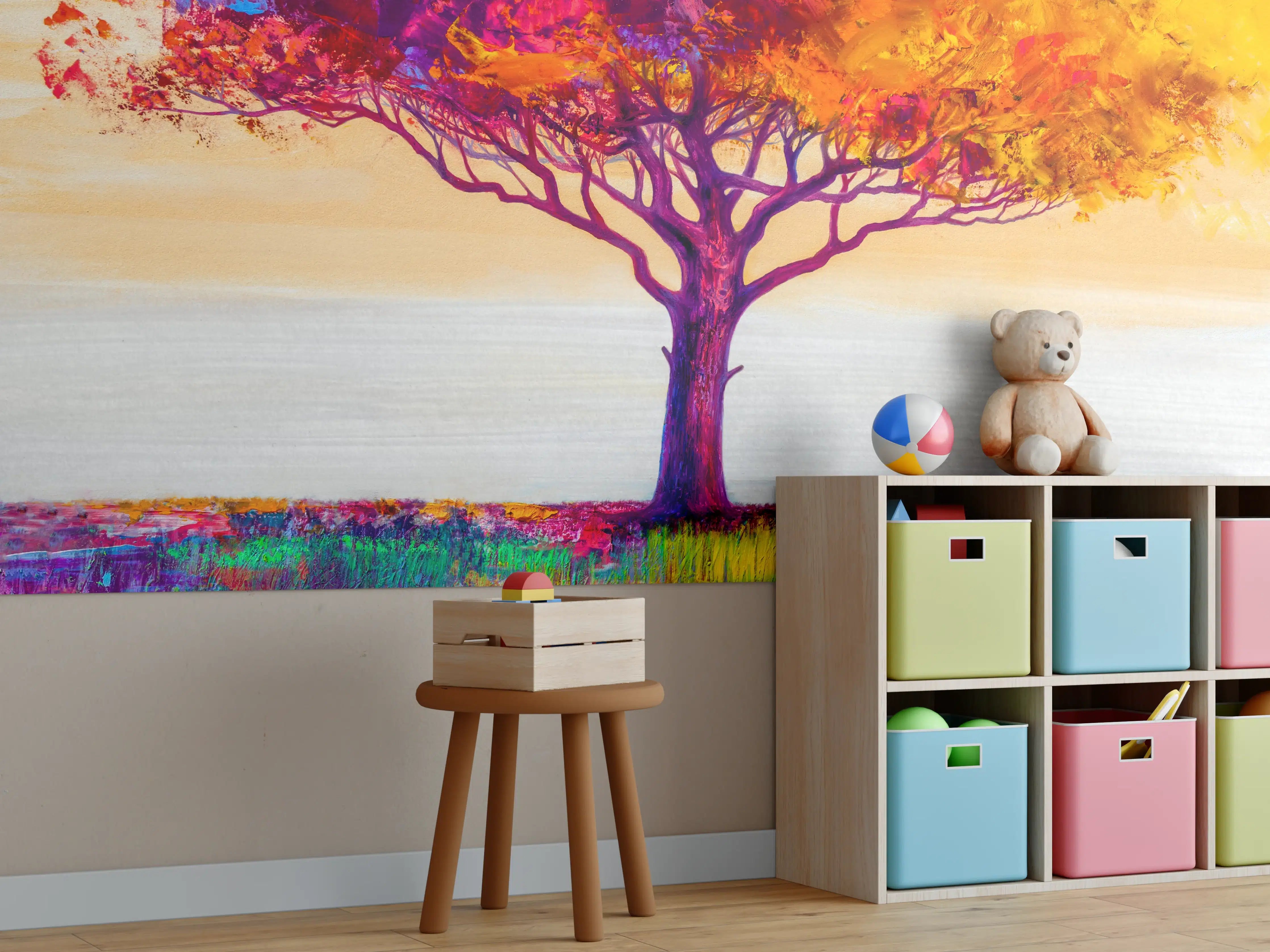 Kinderzimmer Wandgestaltung - Ölgemälde eines bunten Herbstbaumes