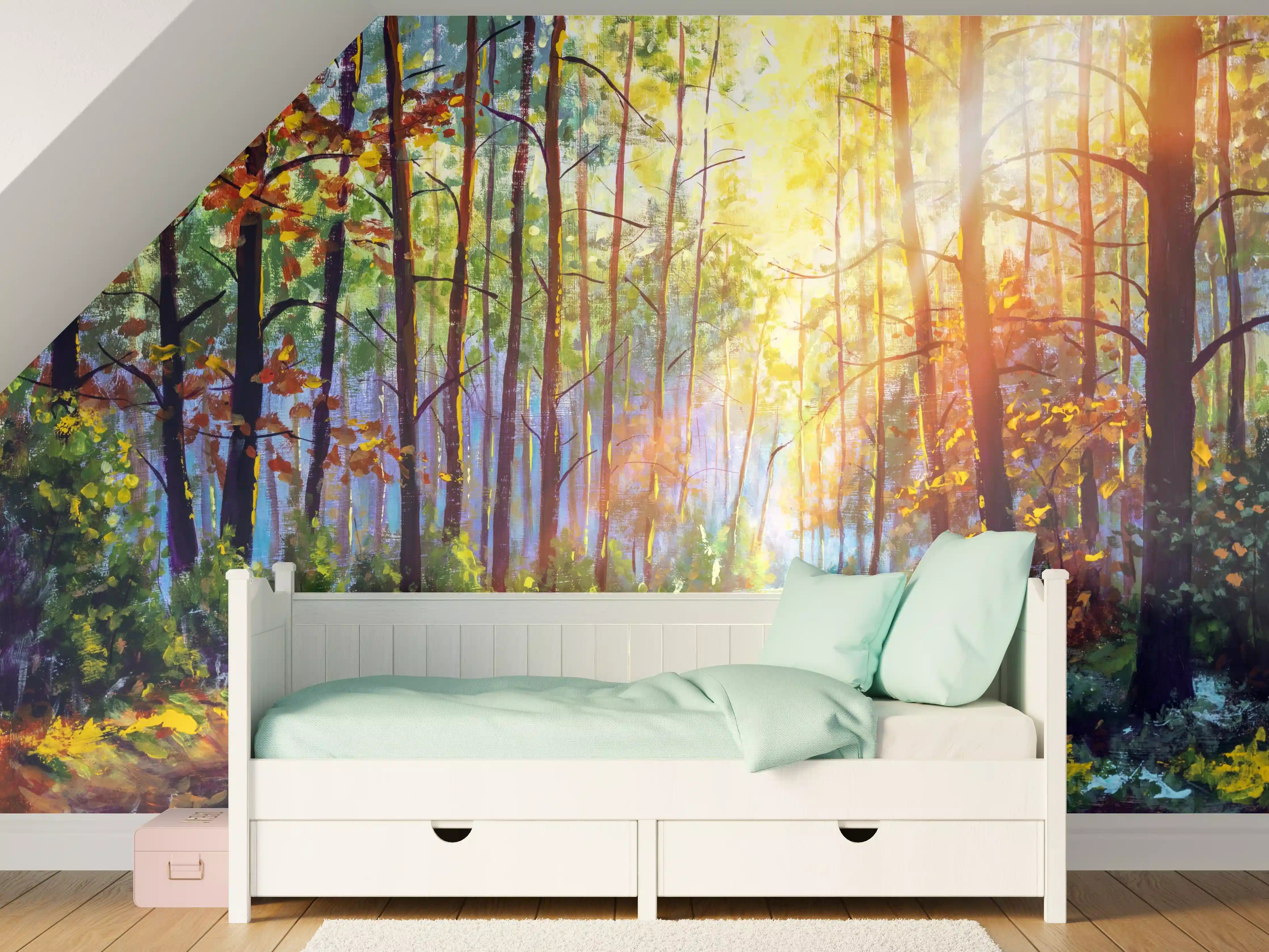 Kinderzimmer Wandgestaltung - Ölgemälde lichterfüllter Wald im Herbst
