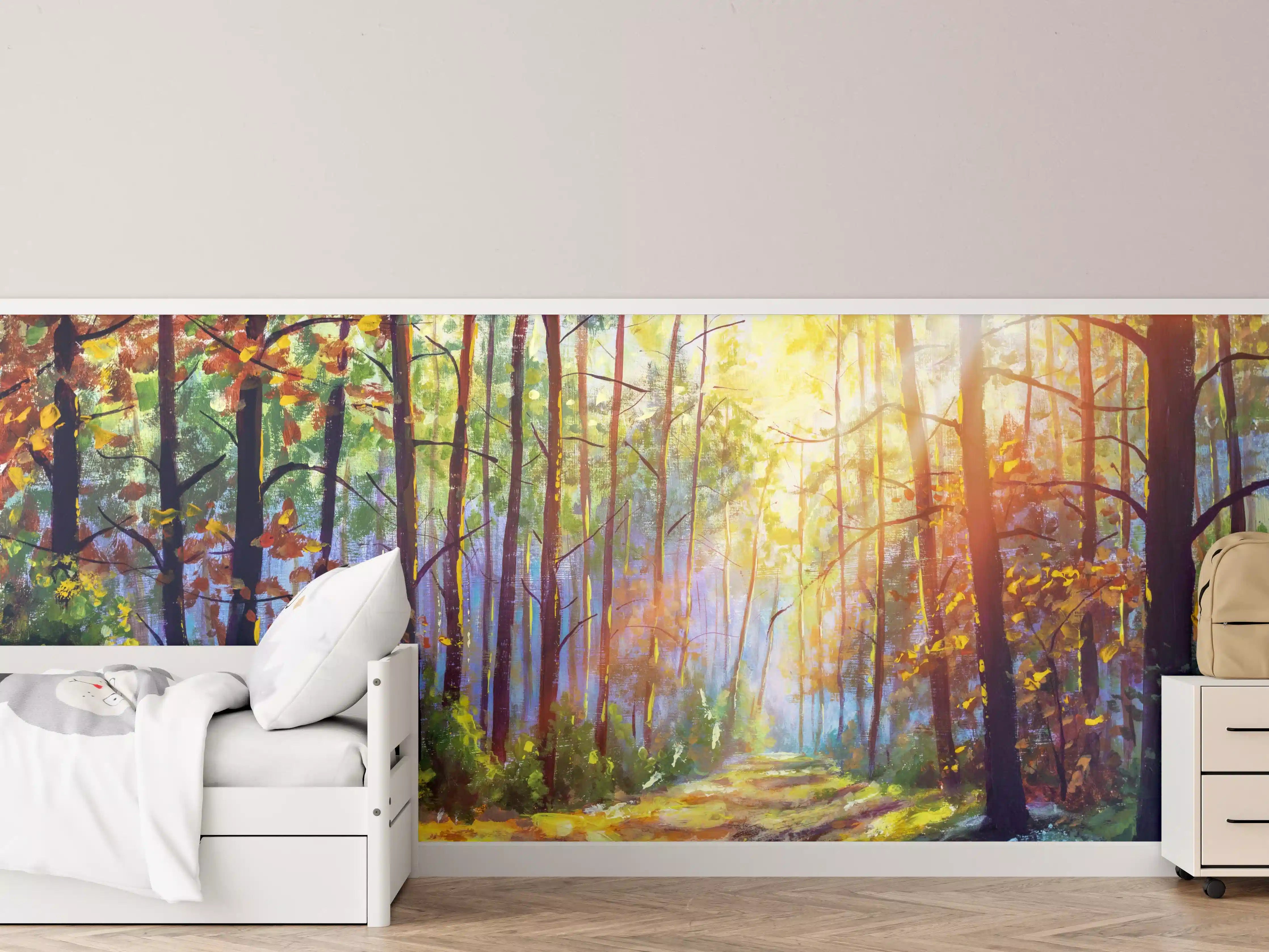 Kinderzimmer Wandgestaltung - Ölgemälde lichterfüllter Wald im Herbst