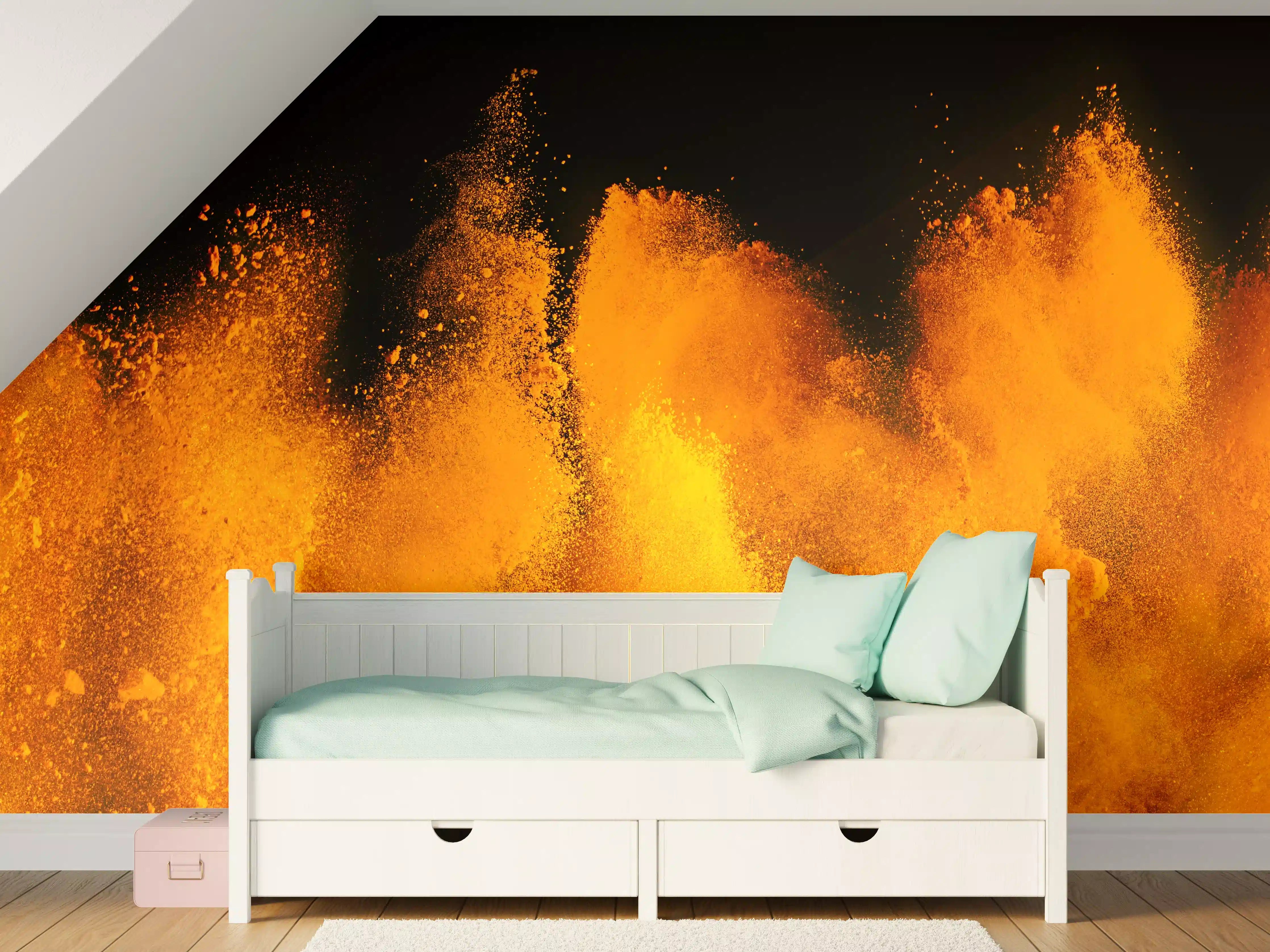 Kinderzimmer Wandgestaltung - Orange-Rote Holi Farbexplosion