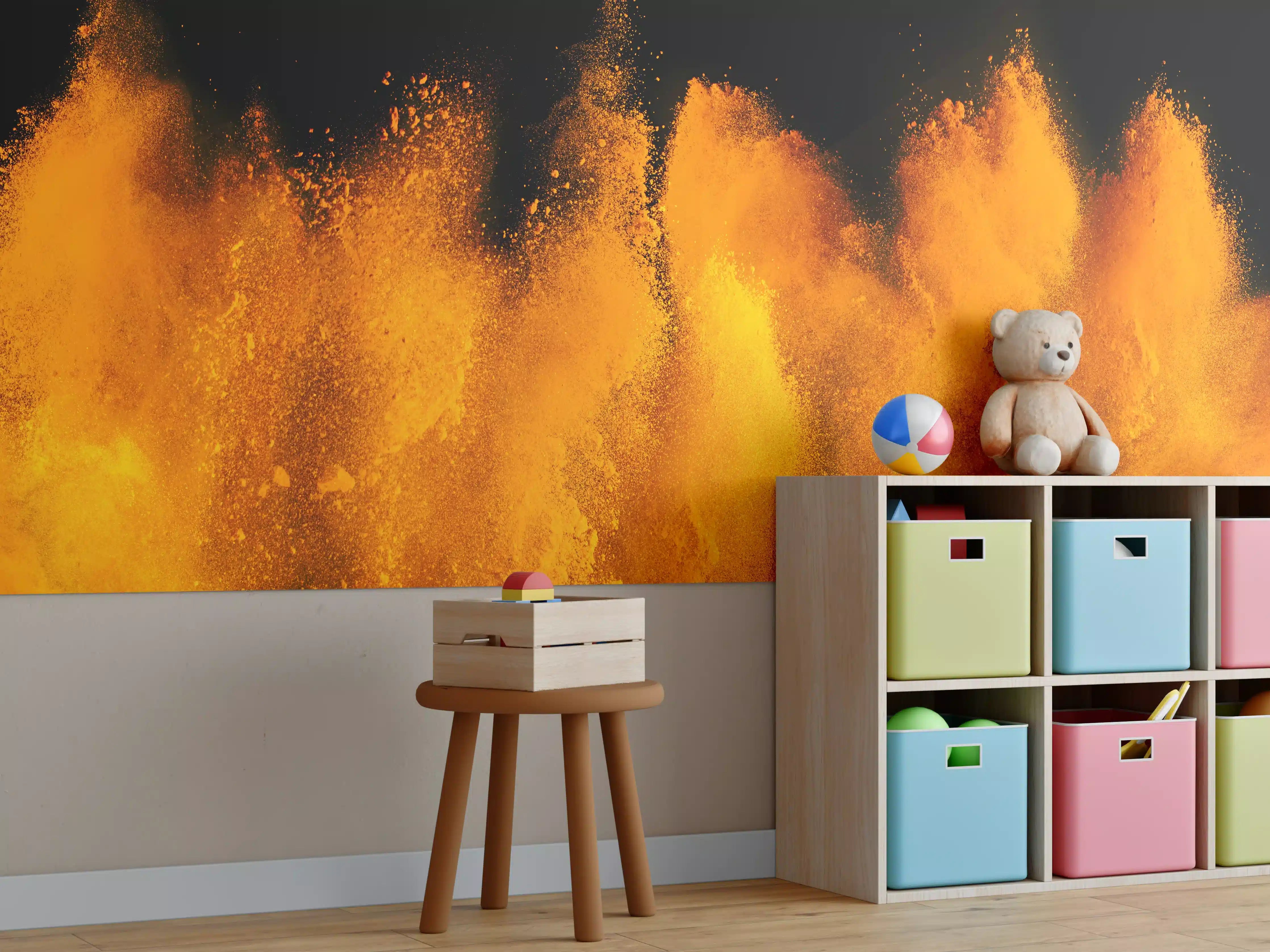 Kinderzimmer Wandgestaltung - Orange-Rote Holi Farbexplosion