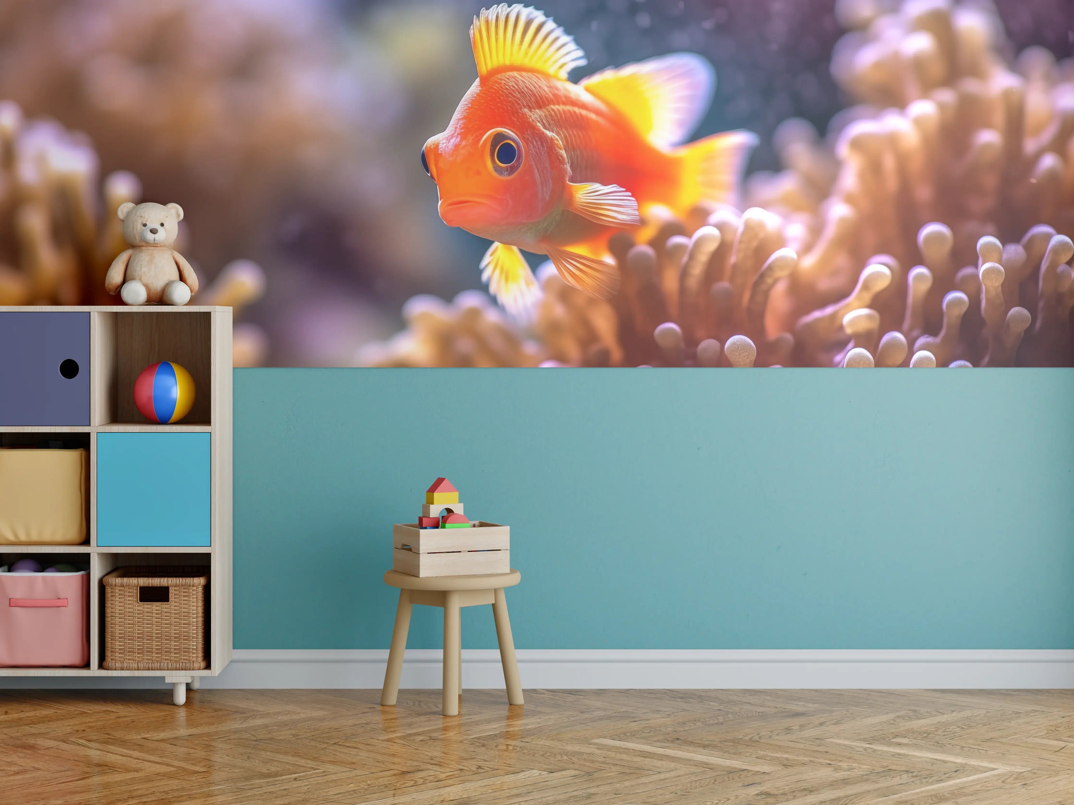 Kinderzimmer Wandgestaltung - Oranger Anemonenfisch im Korallenriff