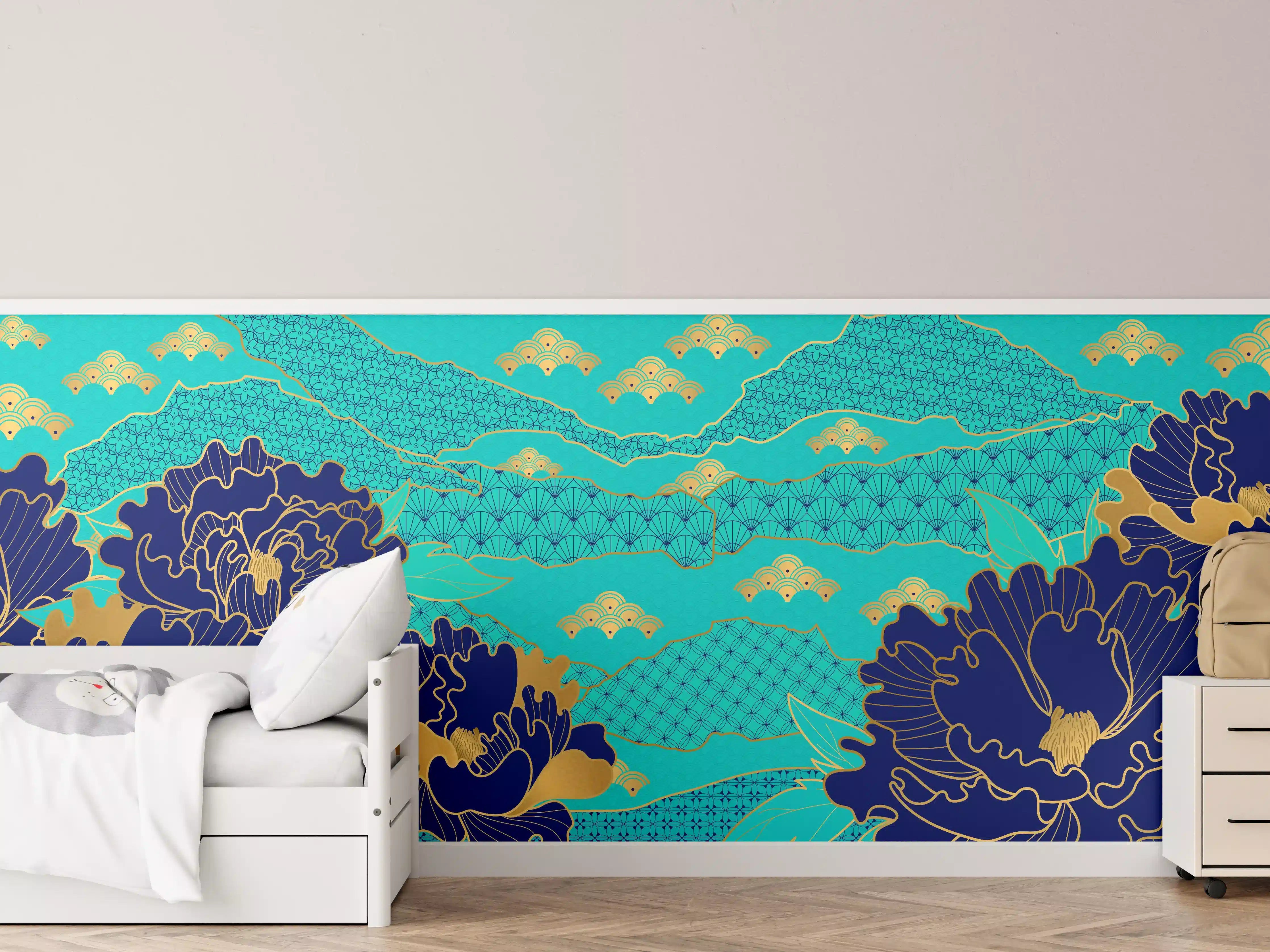 Kinderzimmer Wandgestaltung - Orientalisch-Blauer Blumen-Digitaldruck