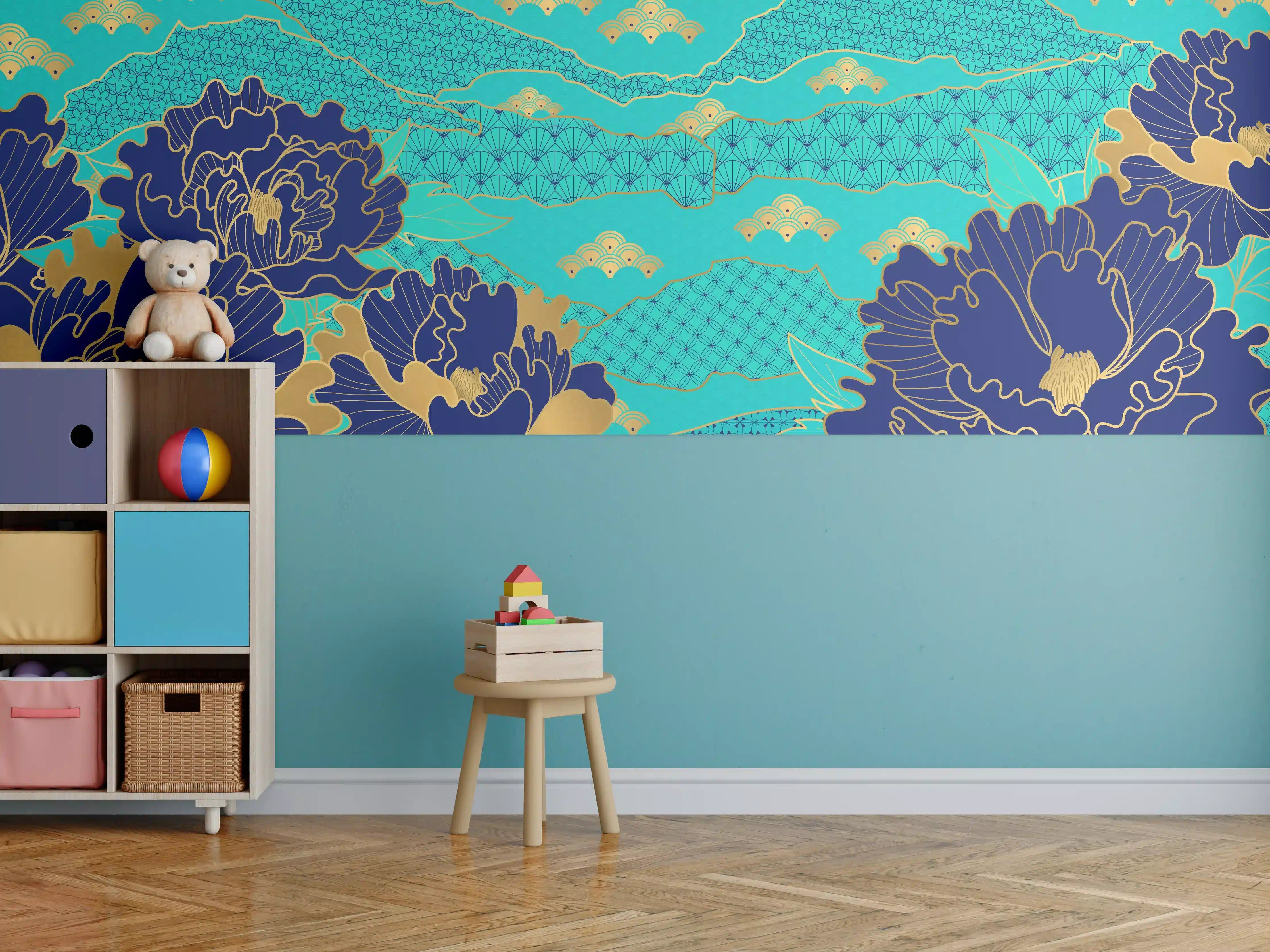 Kinderzimmer Wandgestaltung - Orientalisch-Blauer Blumen-Digitaldruck