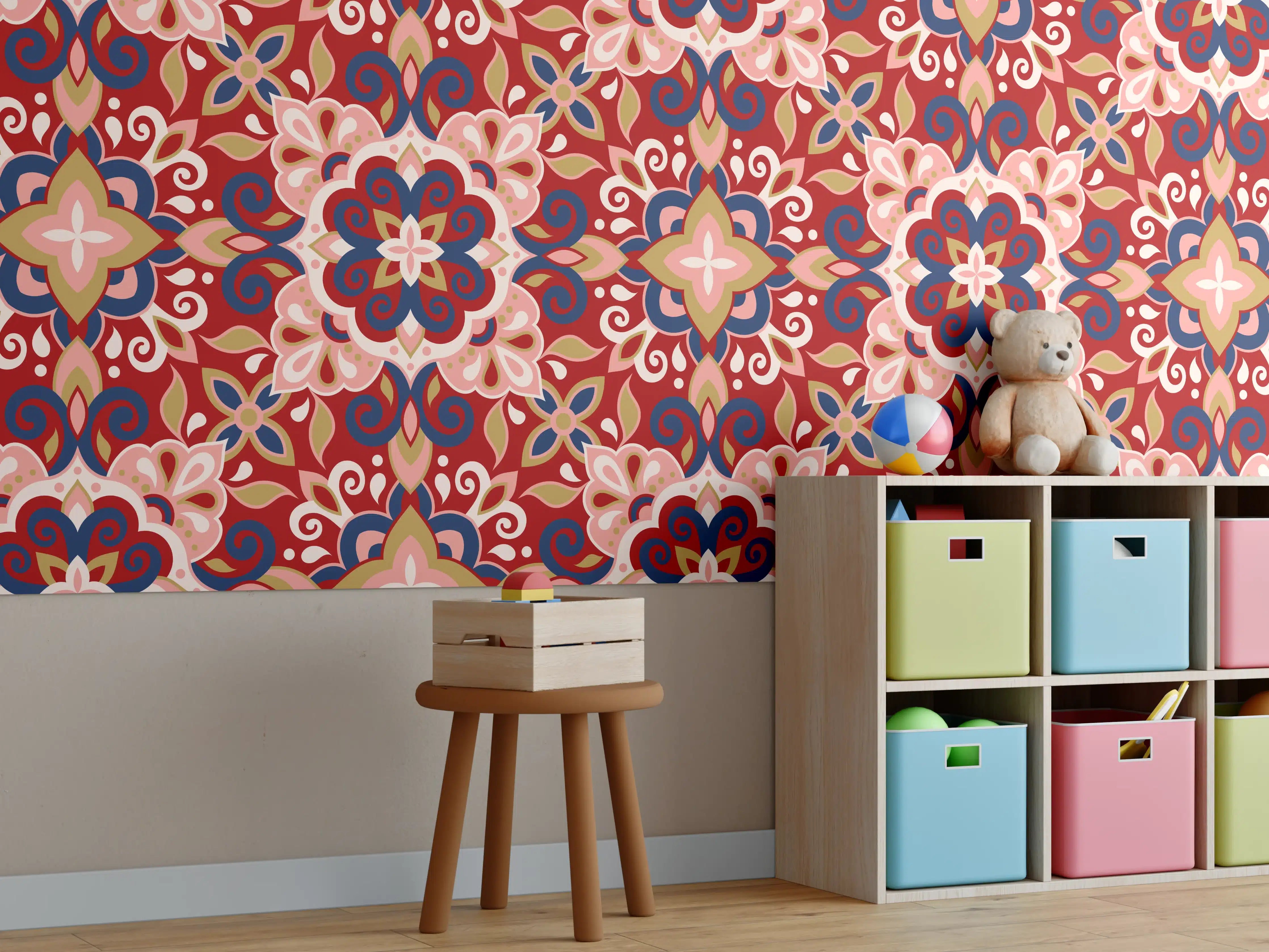 Kinderzimmer Wandgestaltung - Orientalisches Rot-Blau Muster