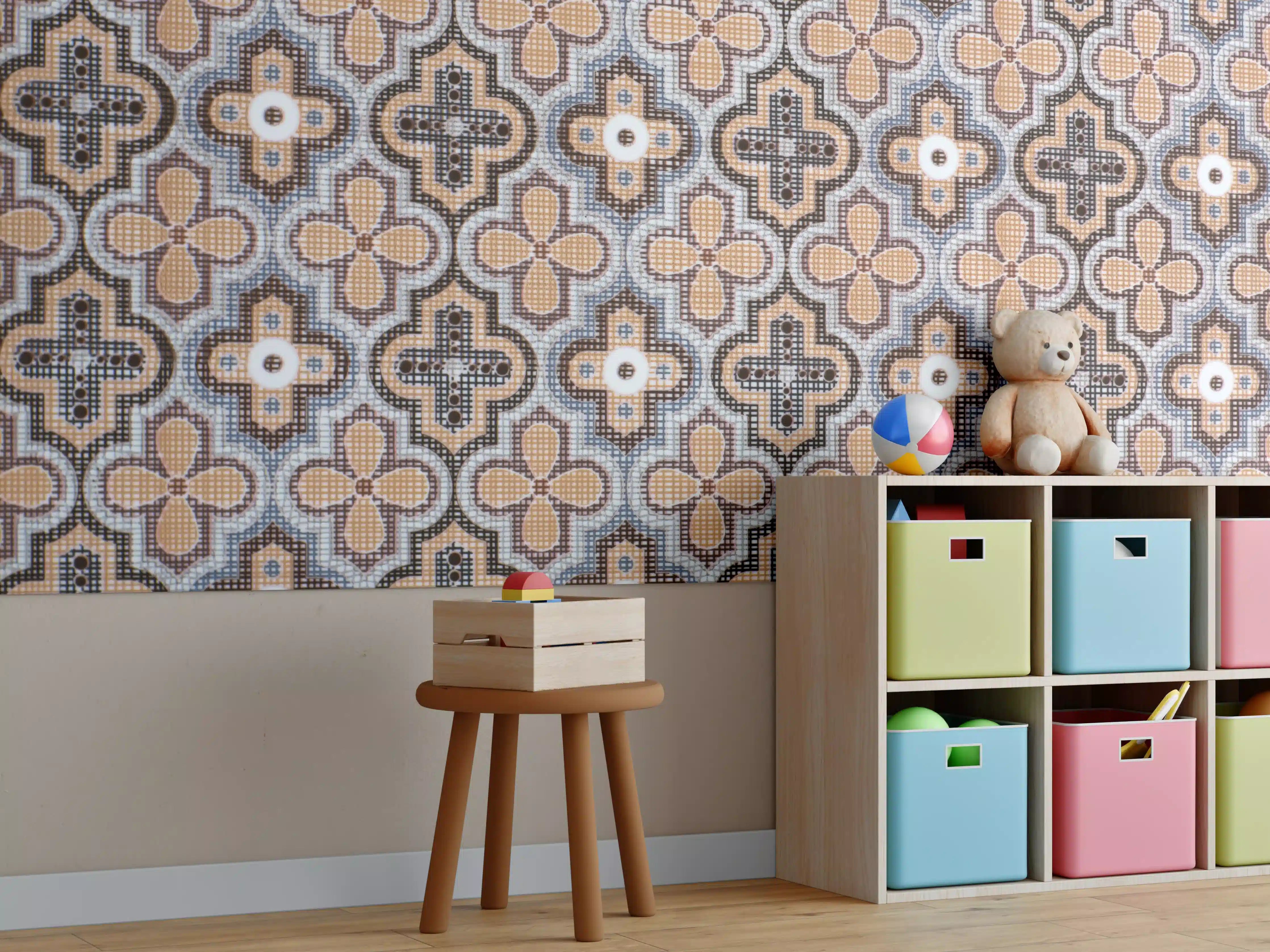 Kinderzimmer Wandgestaltung - Ornamentale Beige-Muster-Fliesen
