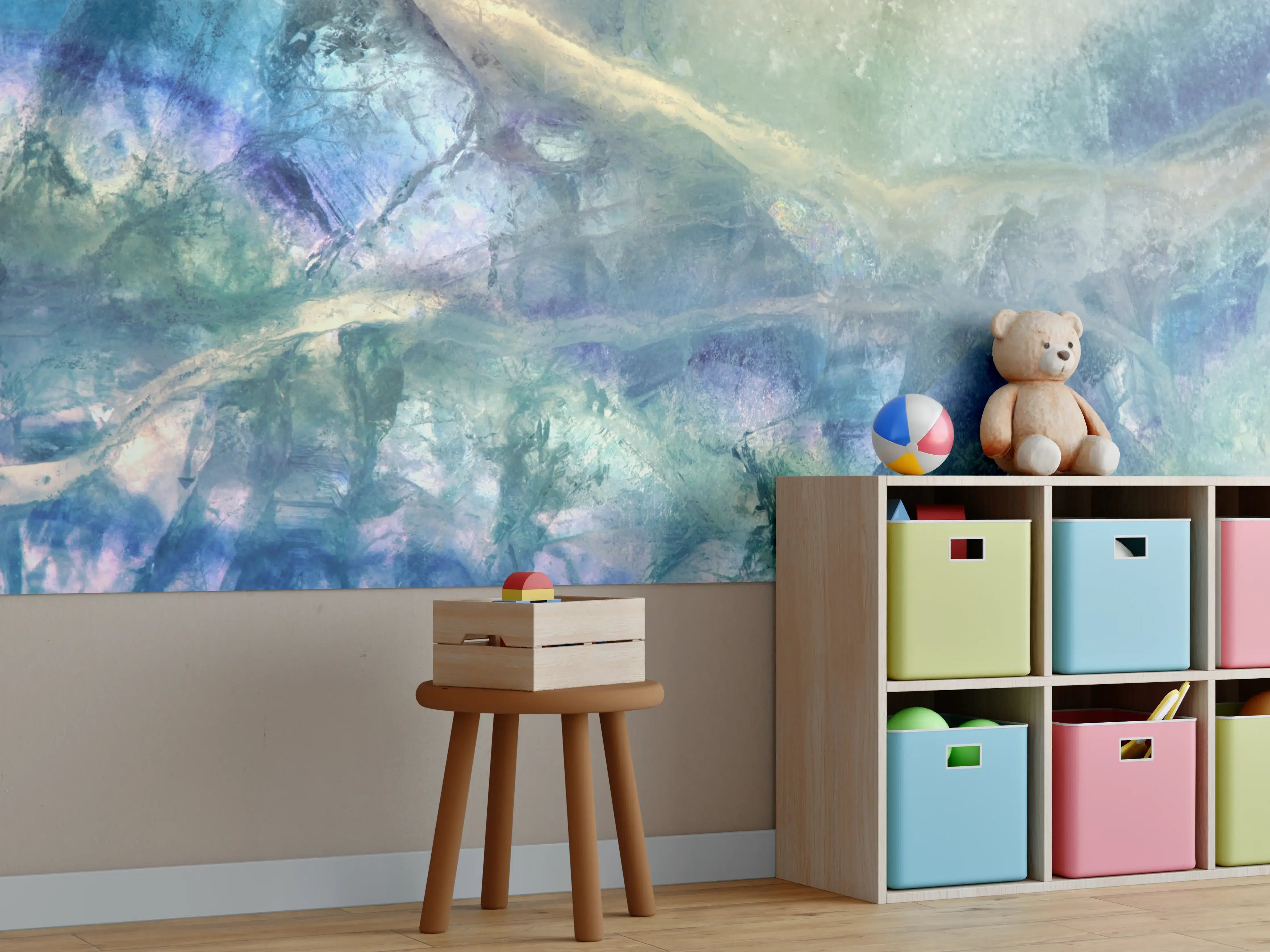 Kinderzimmer Wandgestaltung - Ozeanische Wasserfarben-Textur in Blau-Grün