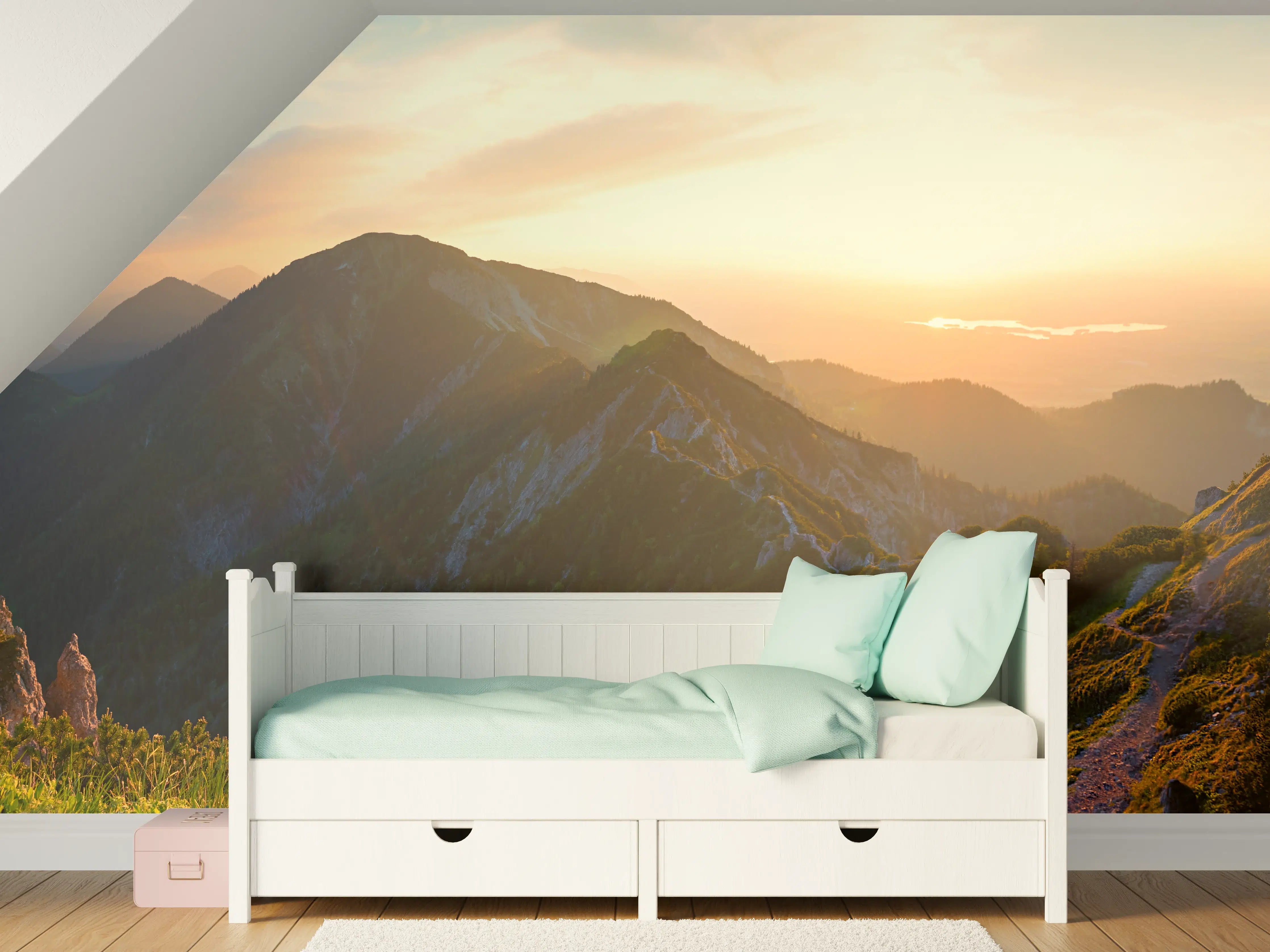 Kinderzimmer Wandgestaltung - Panorama der bayrischen Alpen bei Abendsonne