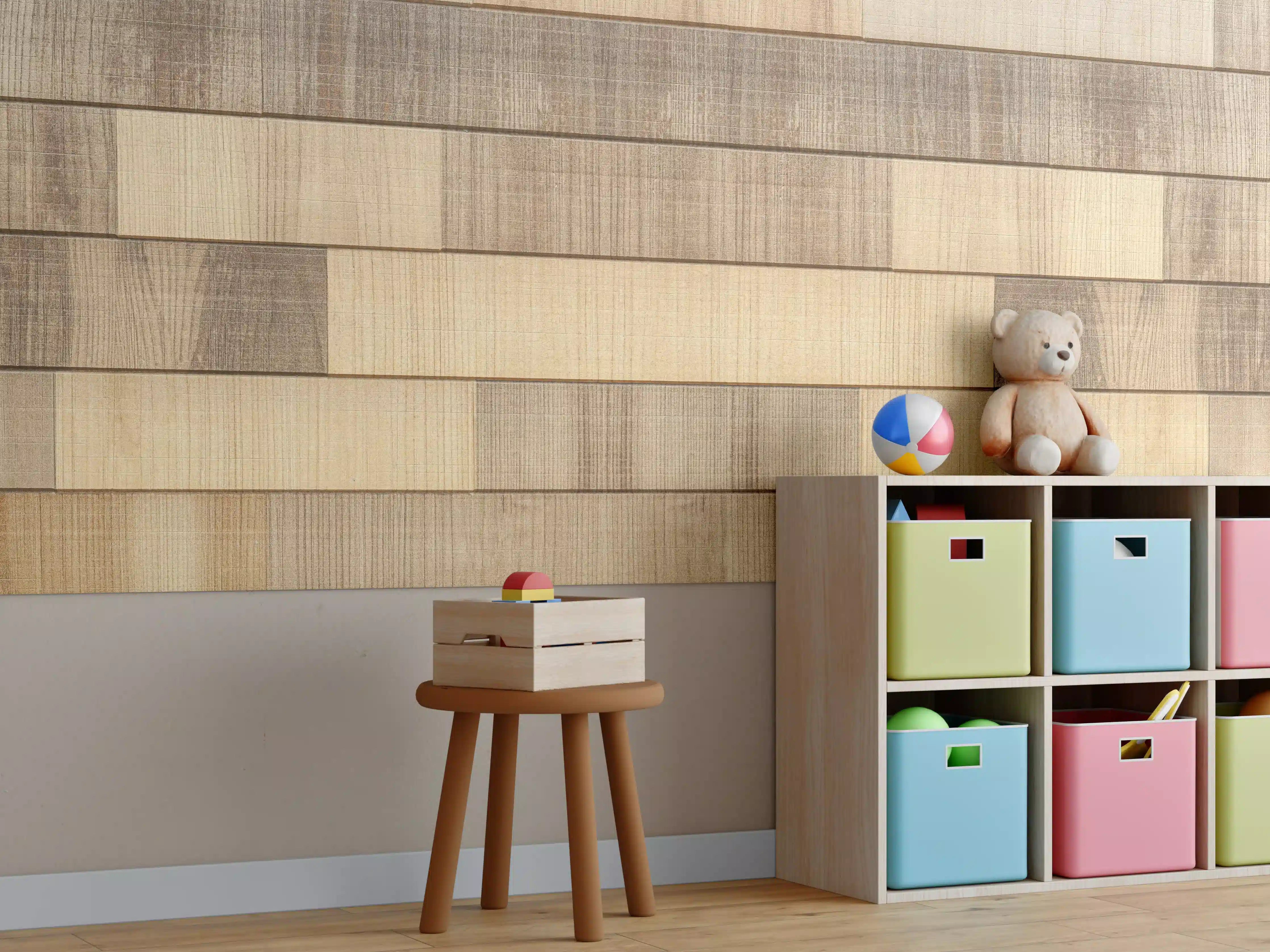 Kinderzimmer Wandgestaltung - Panorama der braunen Holzplanken