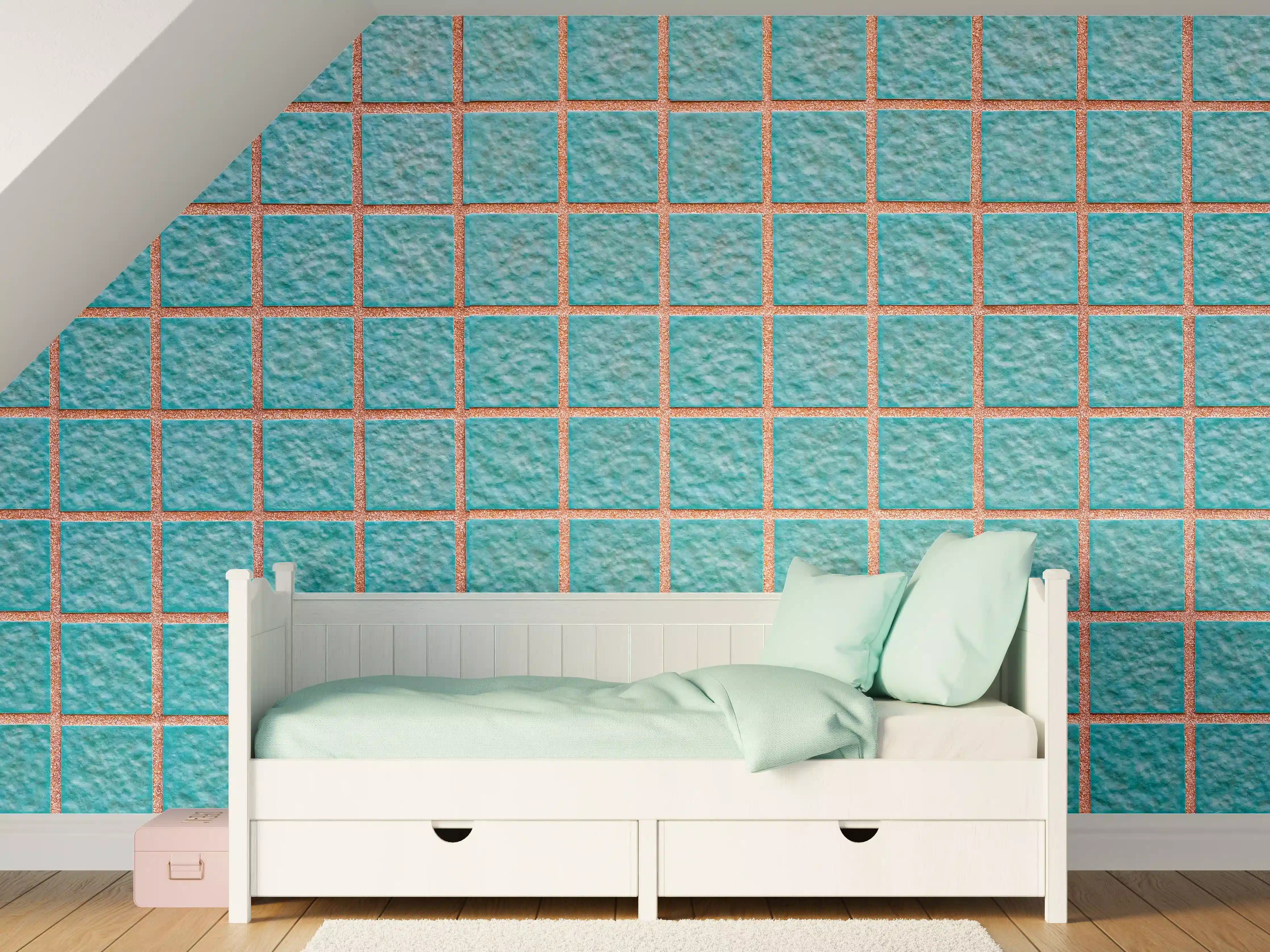 Kinderzimmer Wandgestaltung - Panorama der hellblauen Steinblockwand