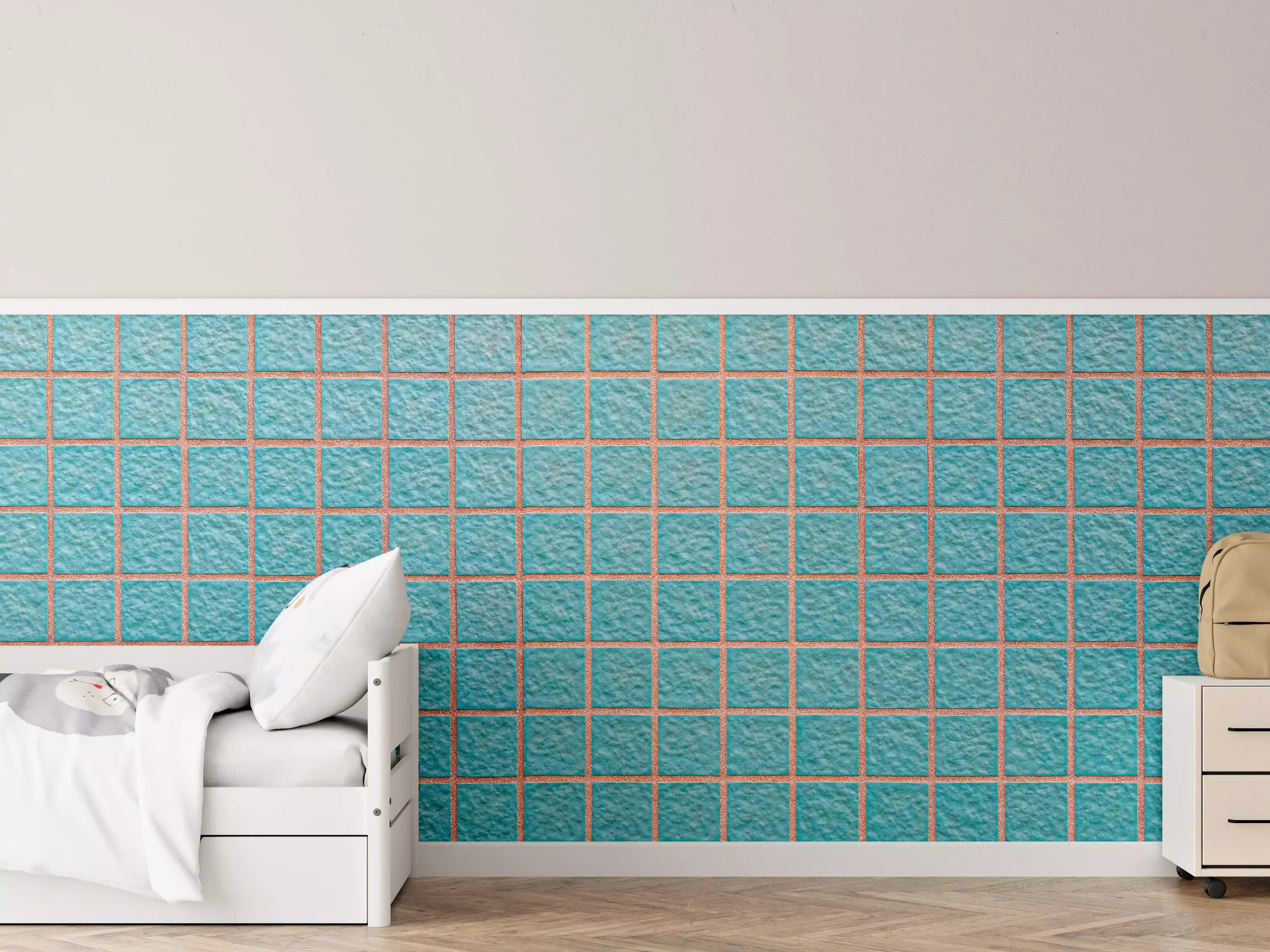 Kinderzimmer Wandgestaltung - Panorama der hellblauen Steinblockwand