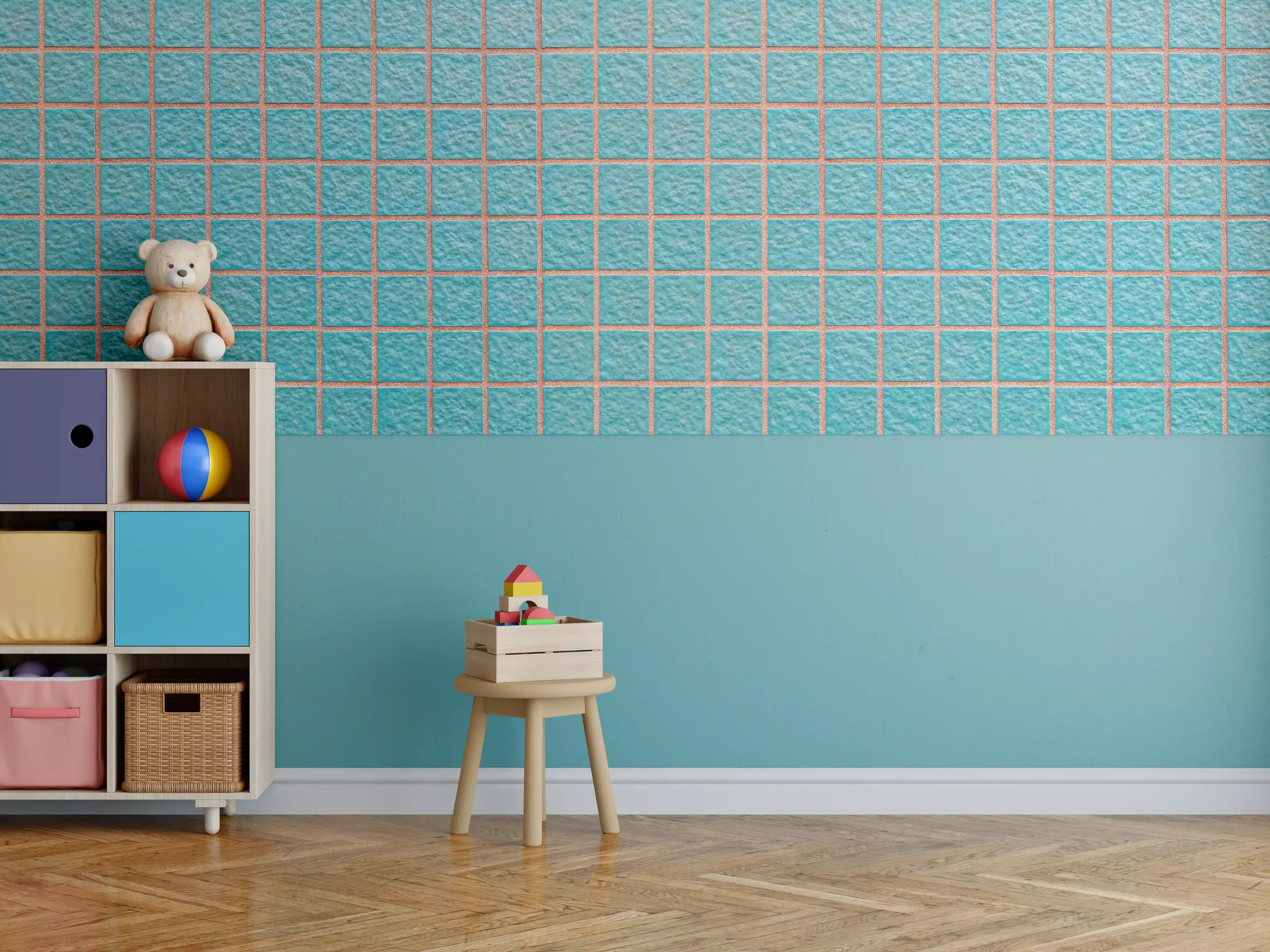 Kinderzimmer Wandgestaltung - Panorama der hellblauen Steinblockwand