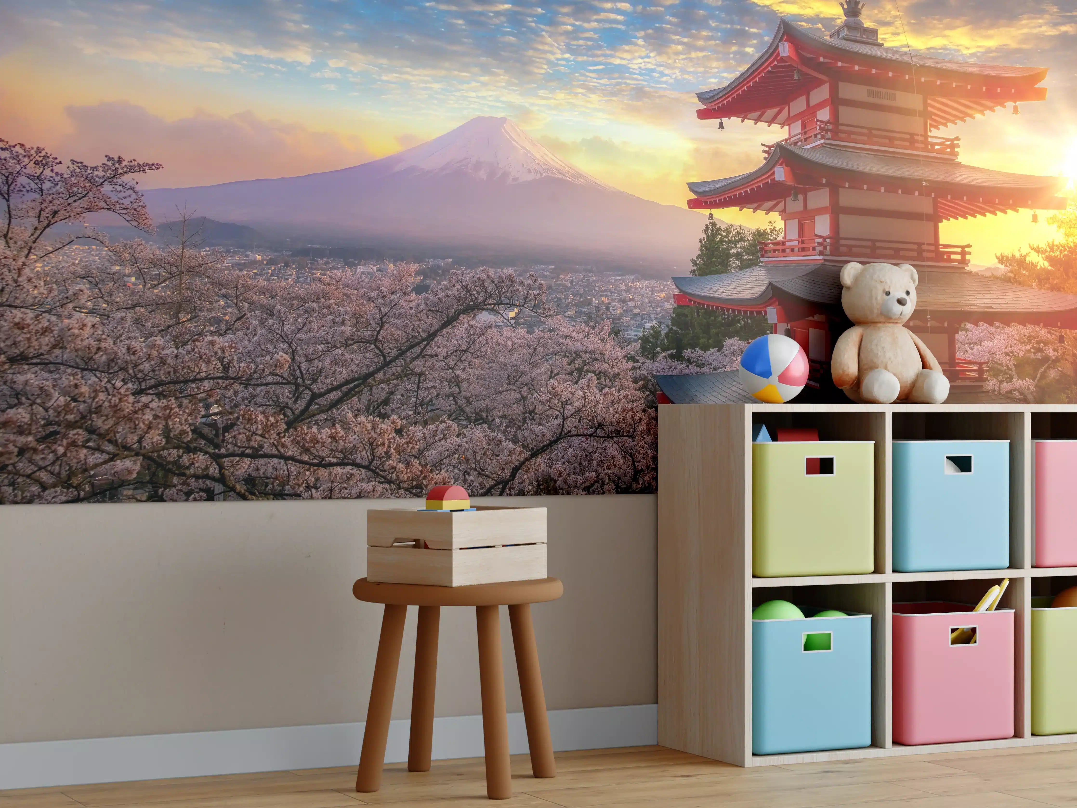 Kinderzimmer Wandgestaltung - Panoramablick auf Fujiyoshida Sonnenuntergang