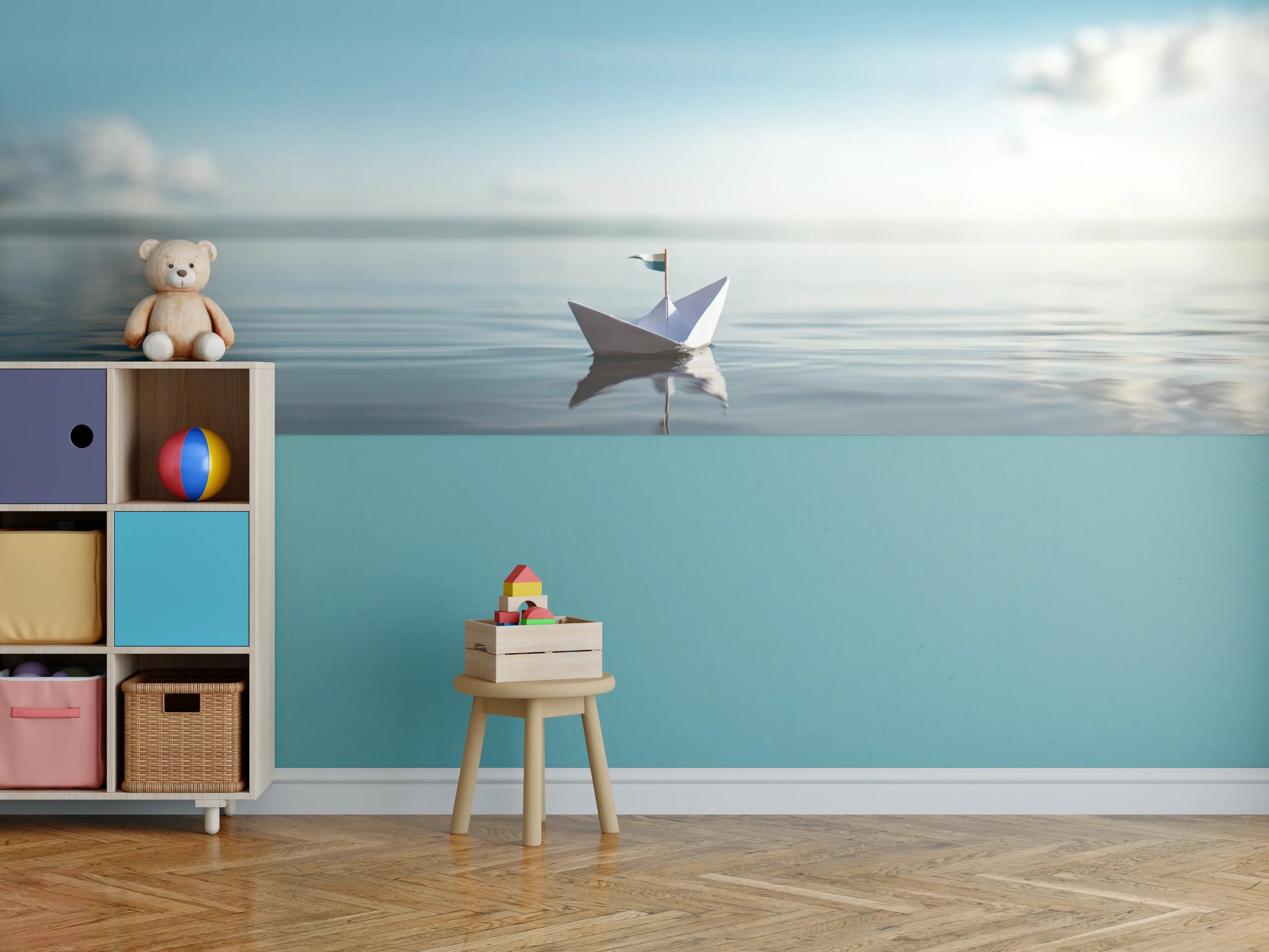 Kinderzimmer Wandgestaltung - Papierboot auf ruhigem Meer