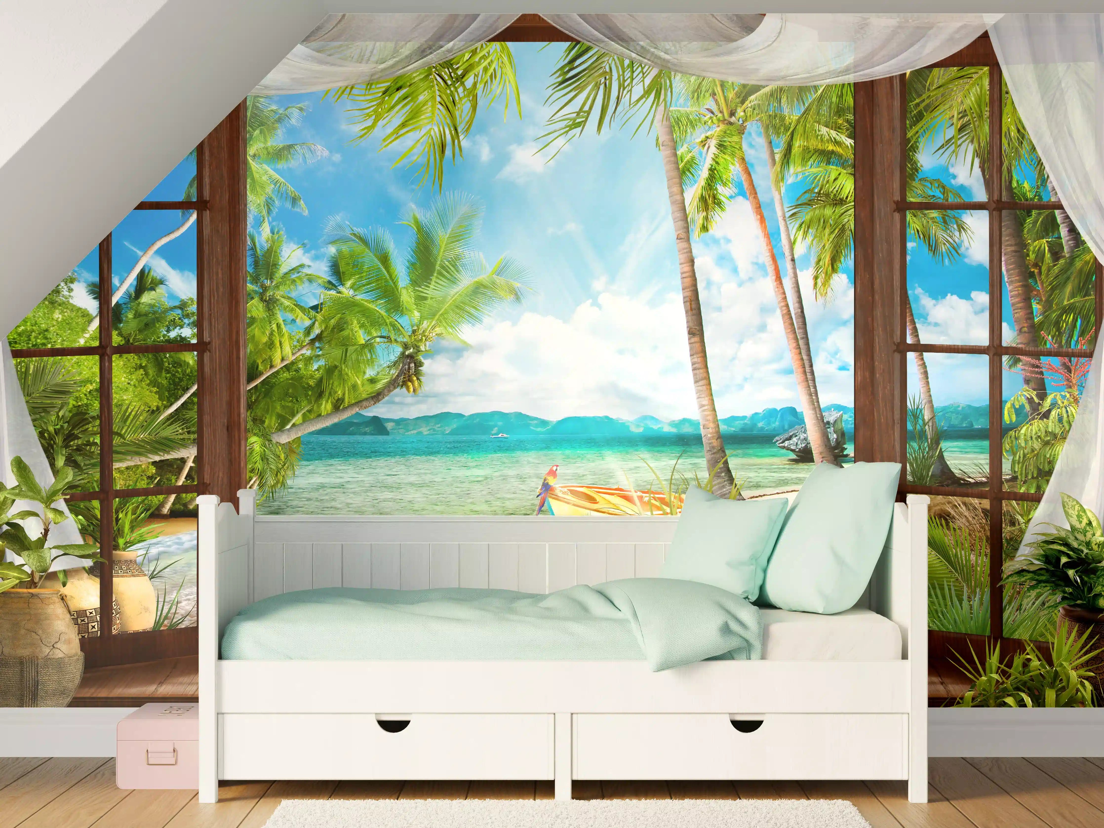 Kinderzimmer Wandgestaltung - Paradiesischer Strand mit Palmbäumen und Boot