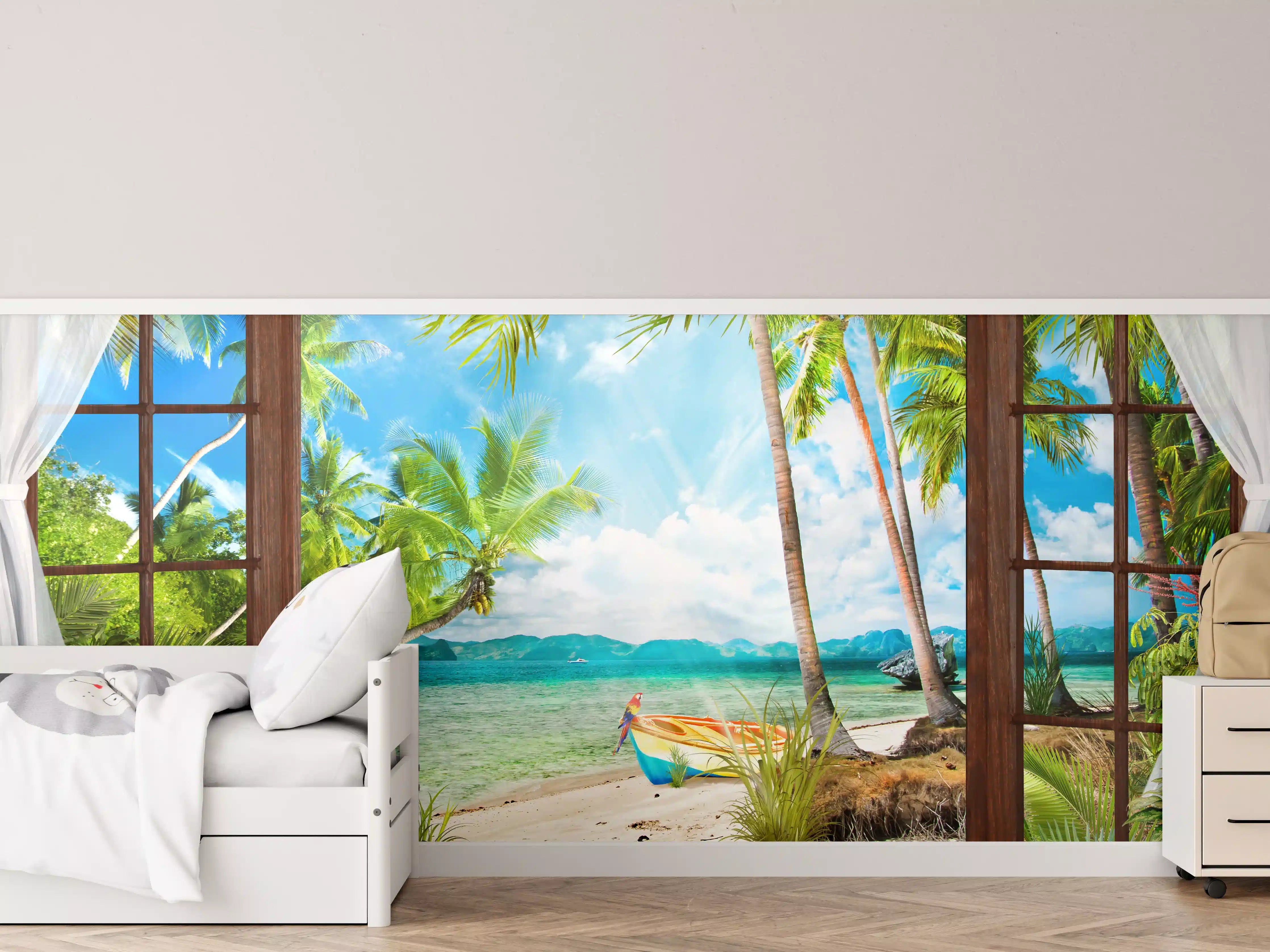 Kinderzimmer Wandgestaltung - Paradiesischer Strand mit Palmbäumen und Boot