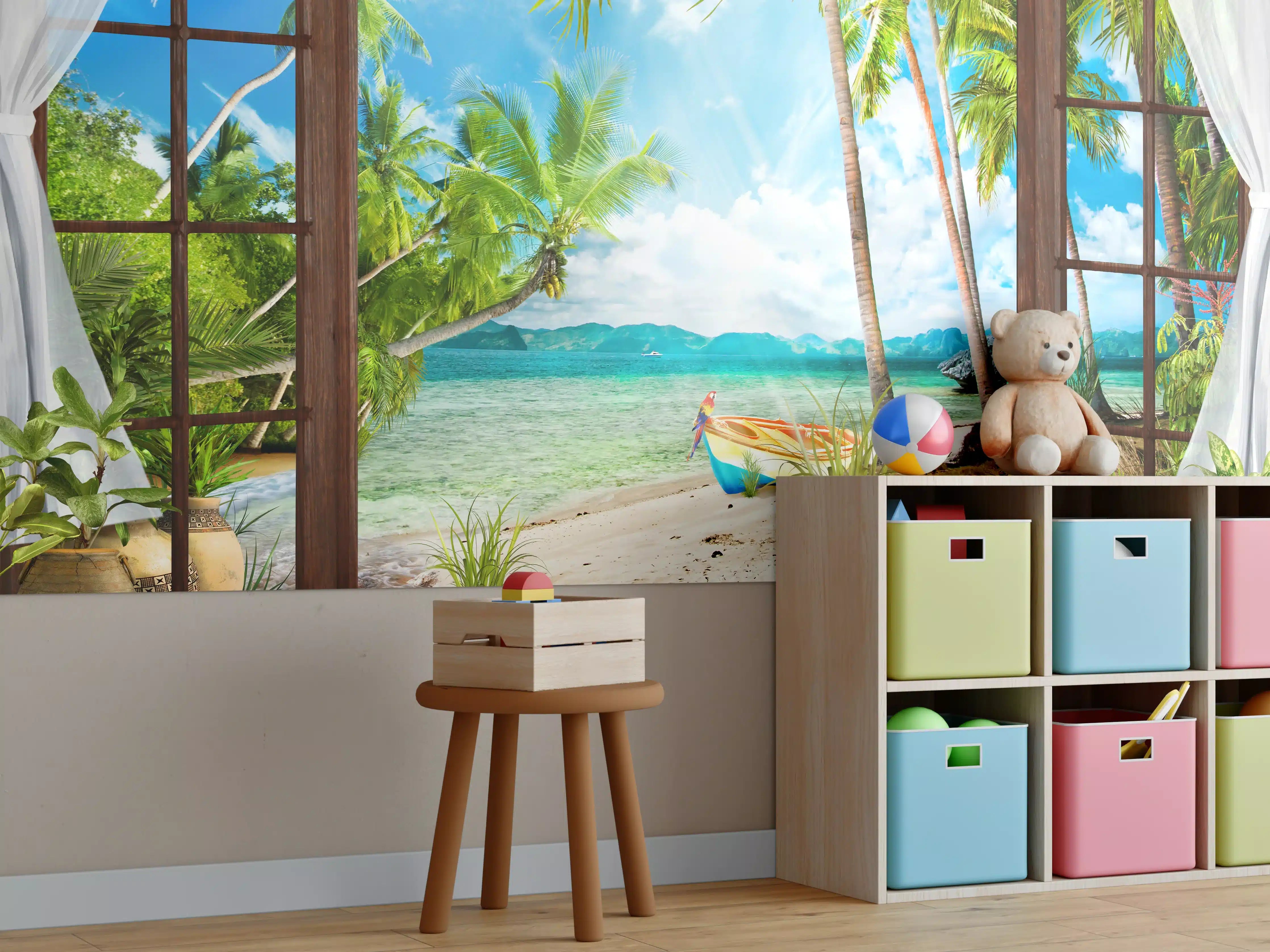 Kinderzimmer Wandgestaltung - Paradiesischer Strand mit Palmbäumen und Boot