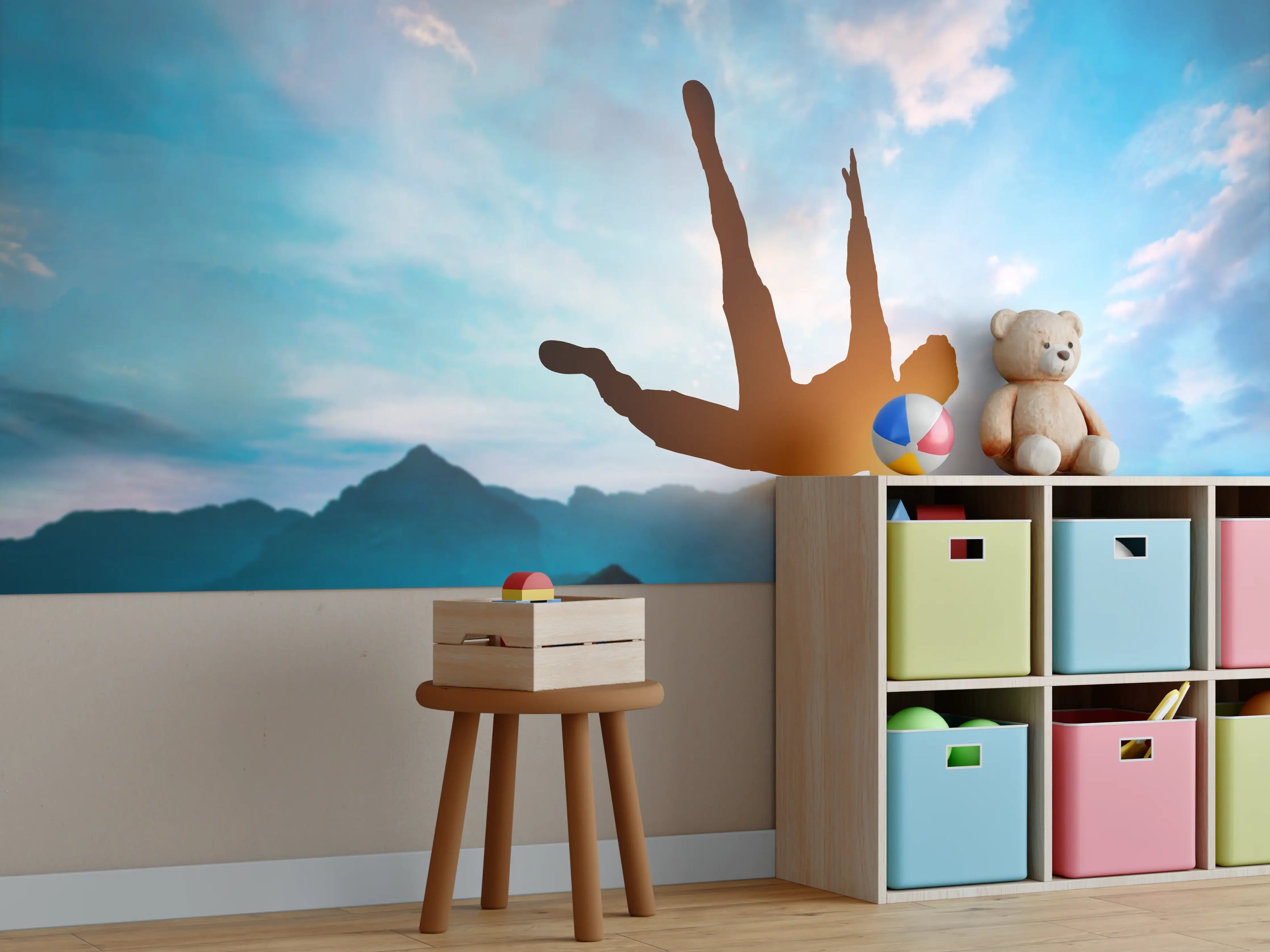 Kinderzimmer Wandgestaltung - Parkour Aktion in den Bergen über Felsen.